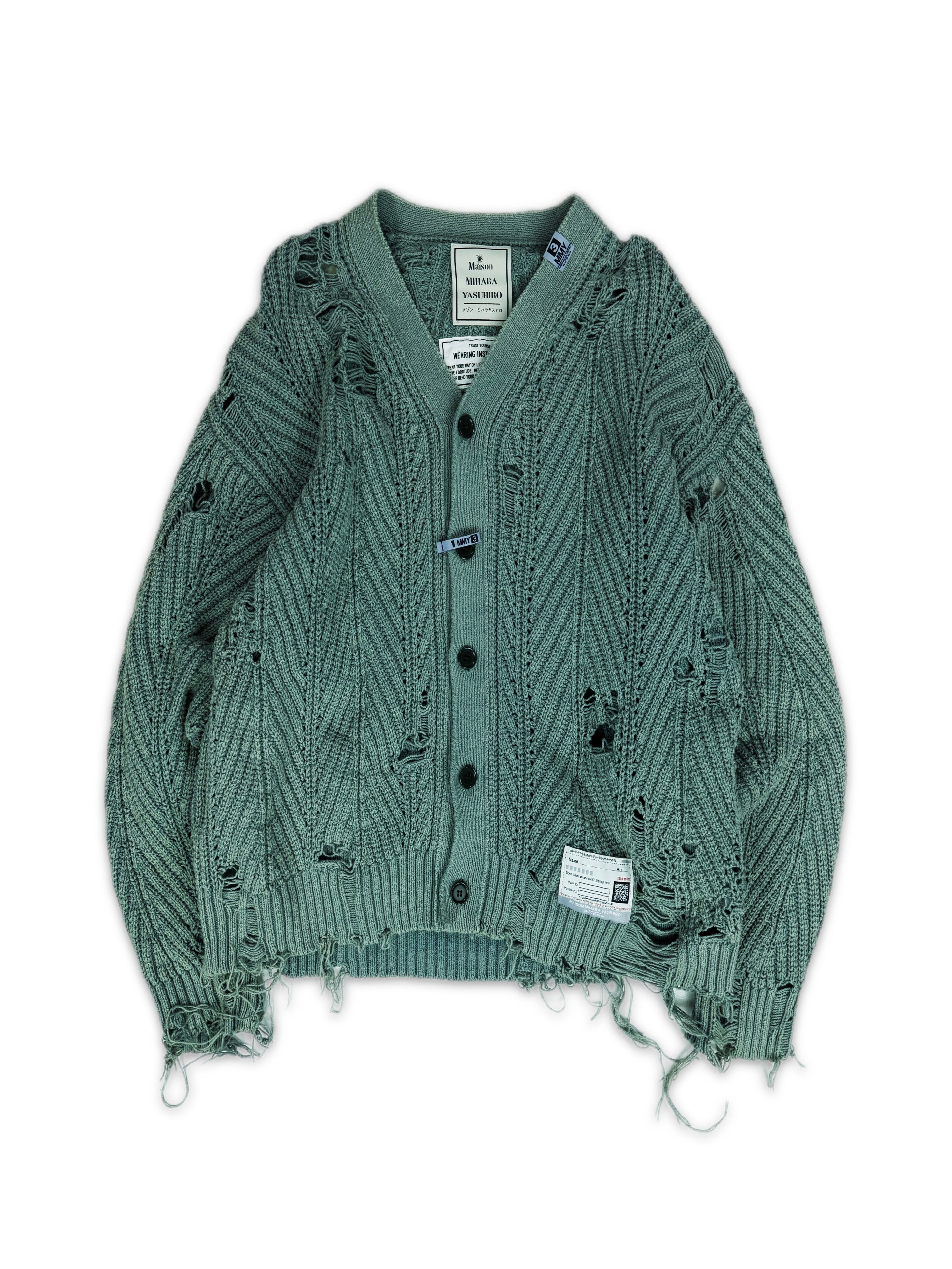 Mihara Yasuhiro Sea Foam Green Distressed Knit Cardigan