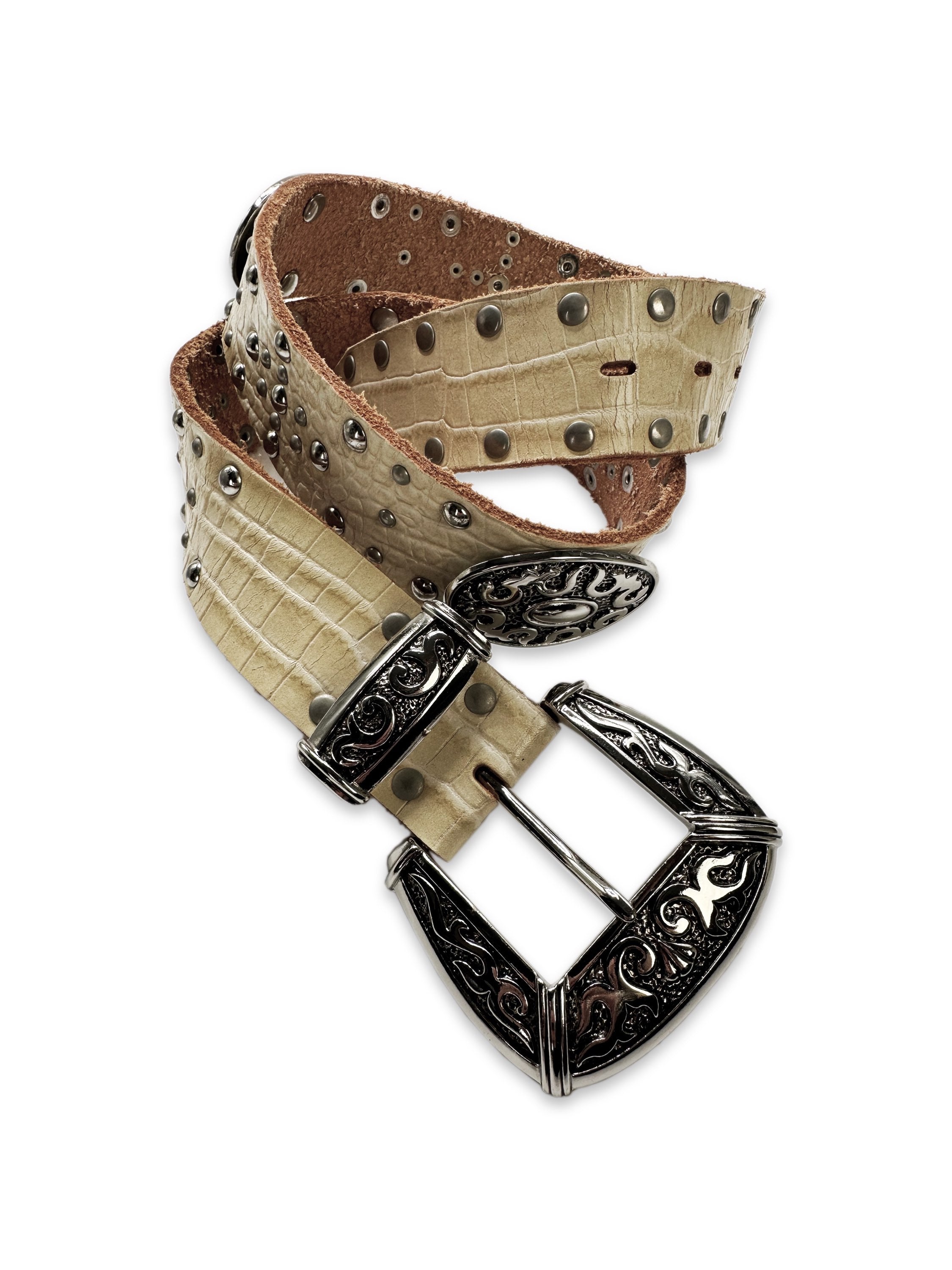 00s Tornado Mart Faux Croc White Studded Western Belt