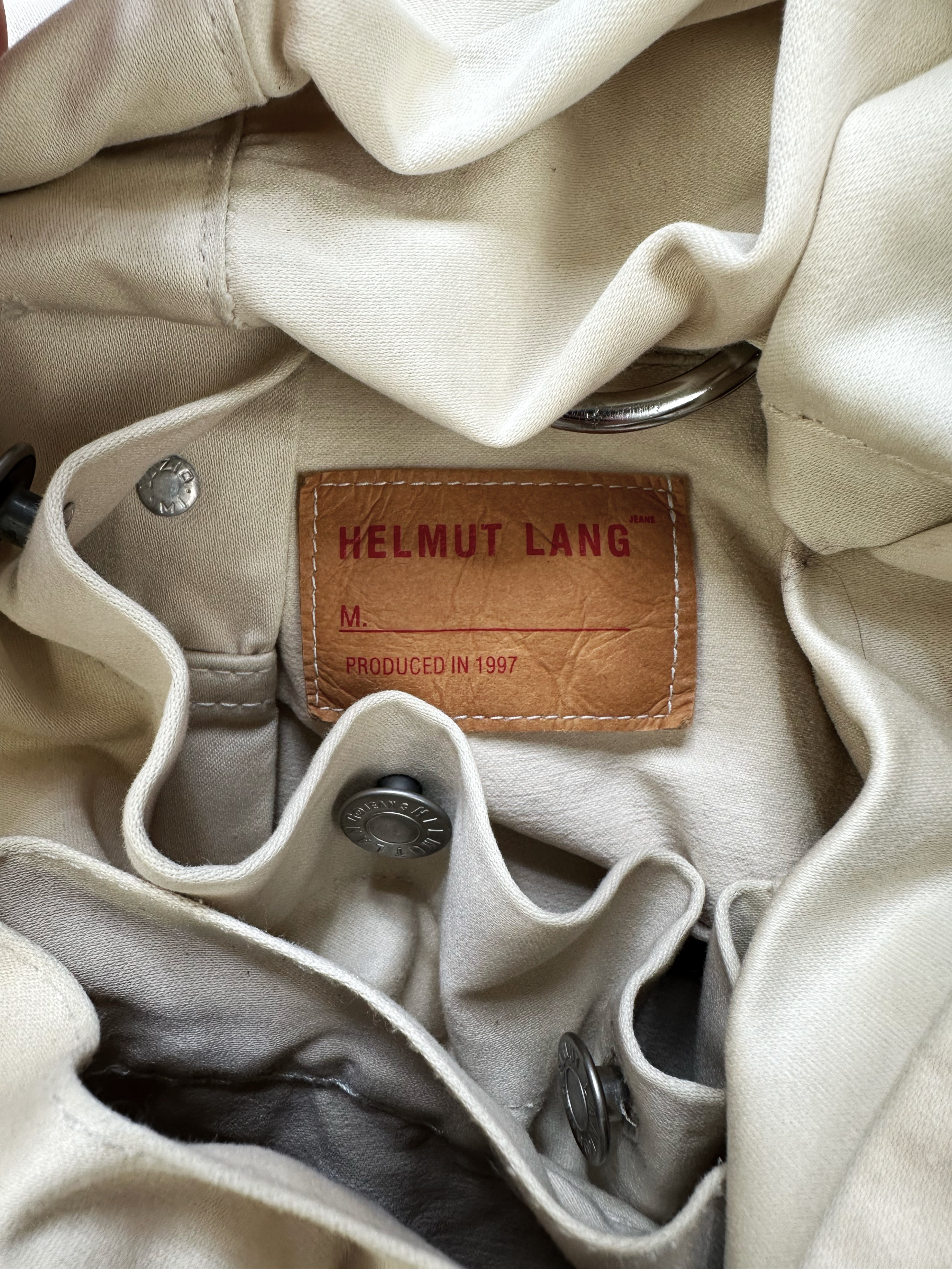 SS97 Helmut Lang ‘Cock Ring’ Cream Patched Denim Trucker Jacket