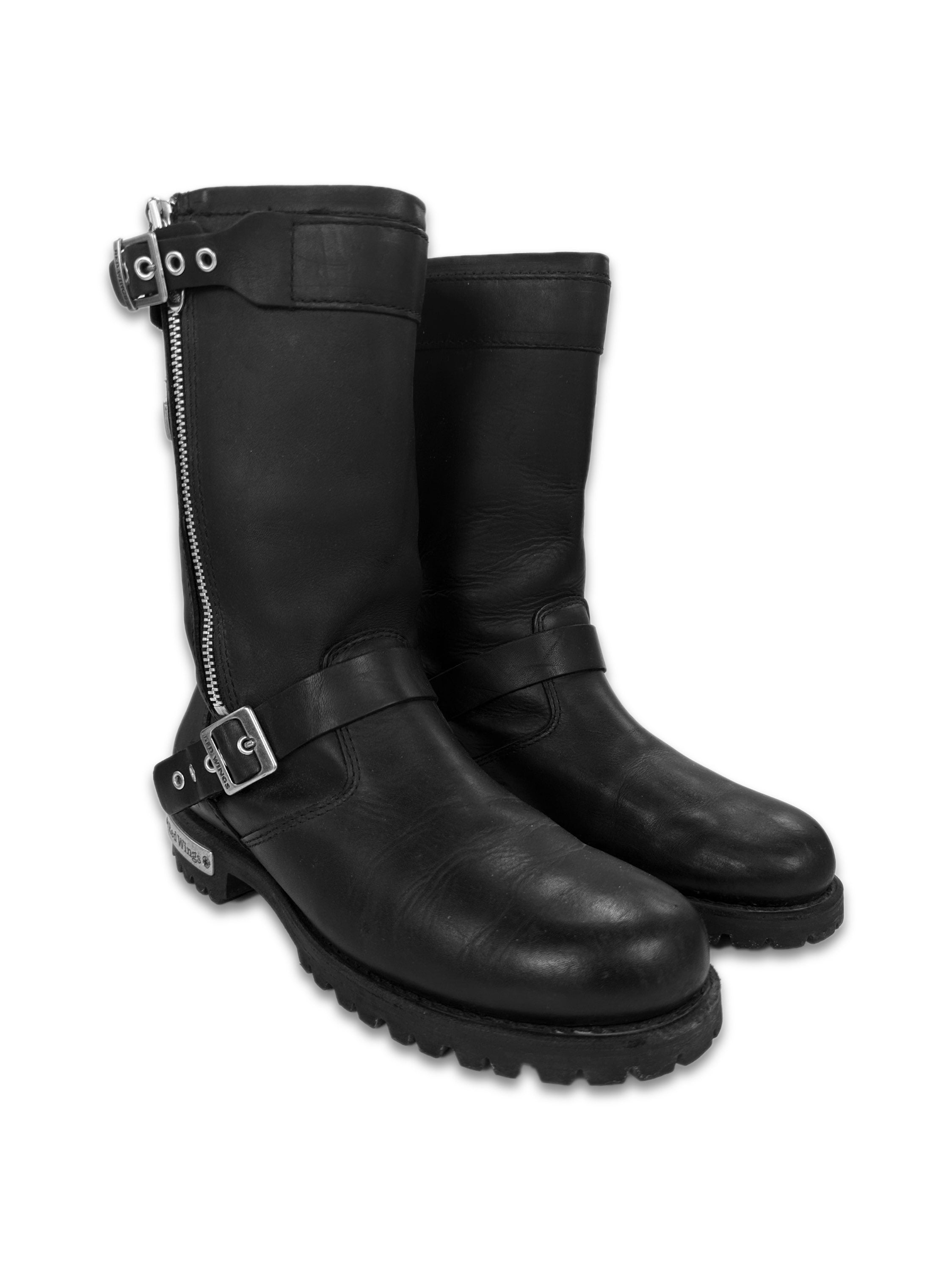 00s Red Wings Black Leather Belted Side Zip Biker Boots