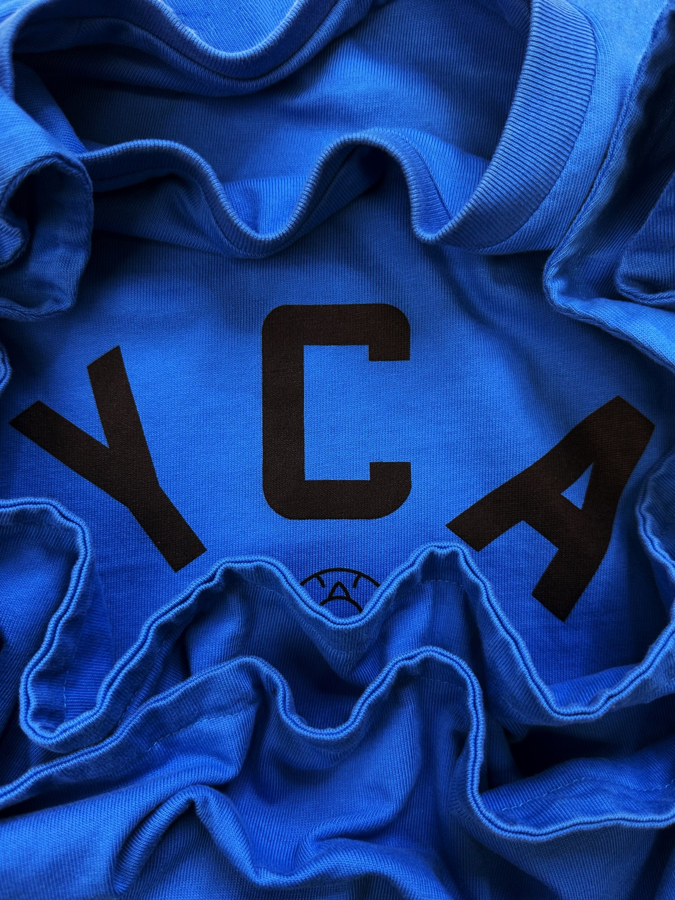 2020 Yeezy UNRELEASED SAMPL ‘YCA’ Collegiate Logo Cropped Blue T-Shirt