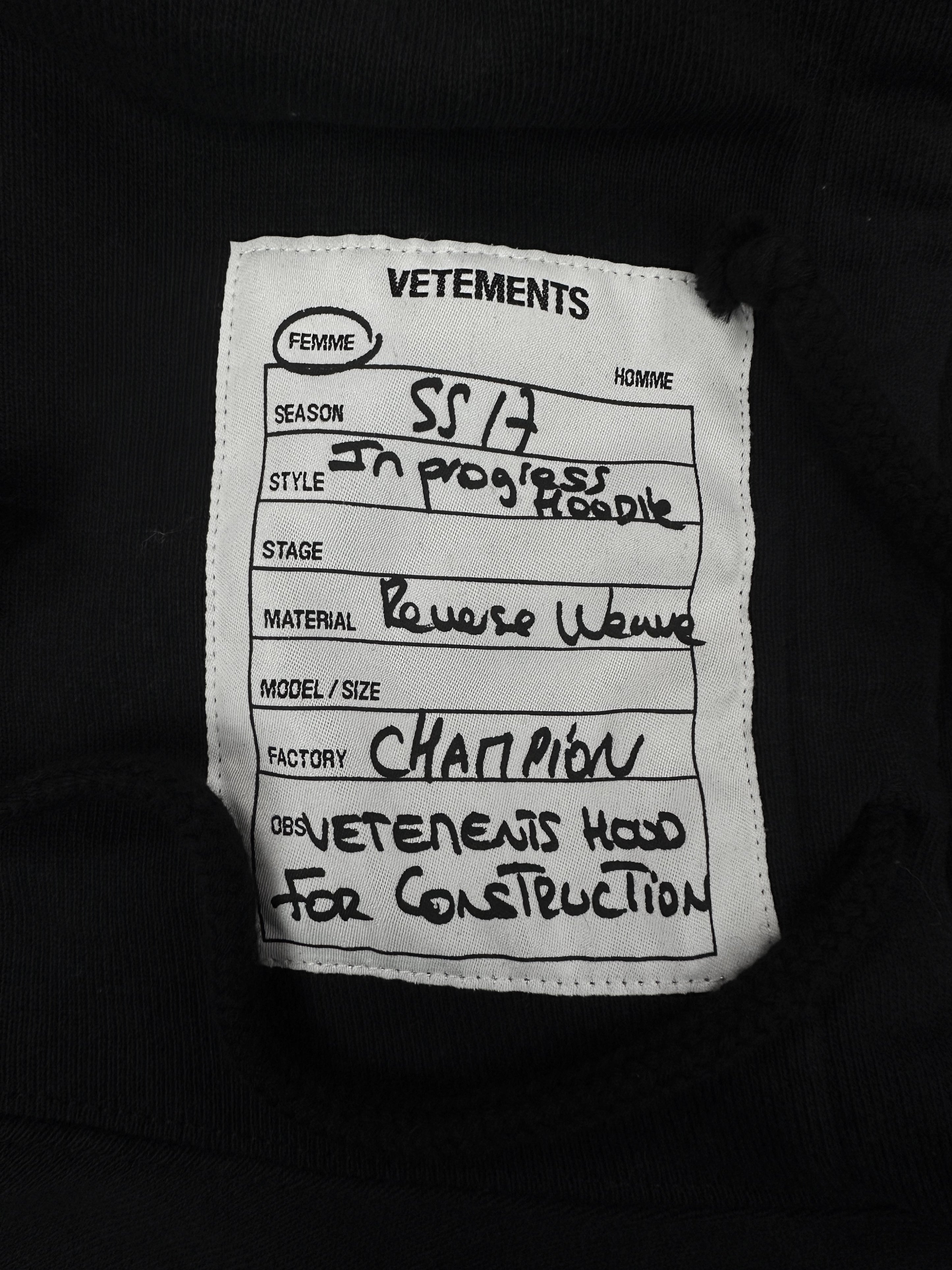 SS17 Vetements x Champion ‘In Progress’ Cut Out Black Hoodie
