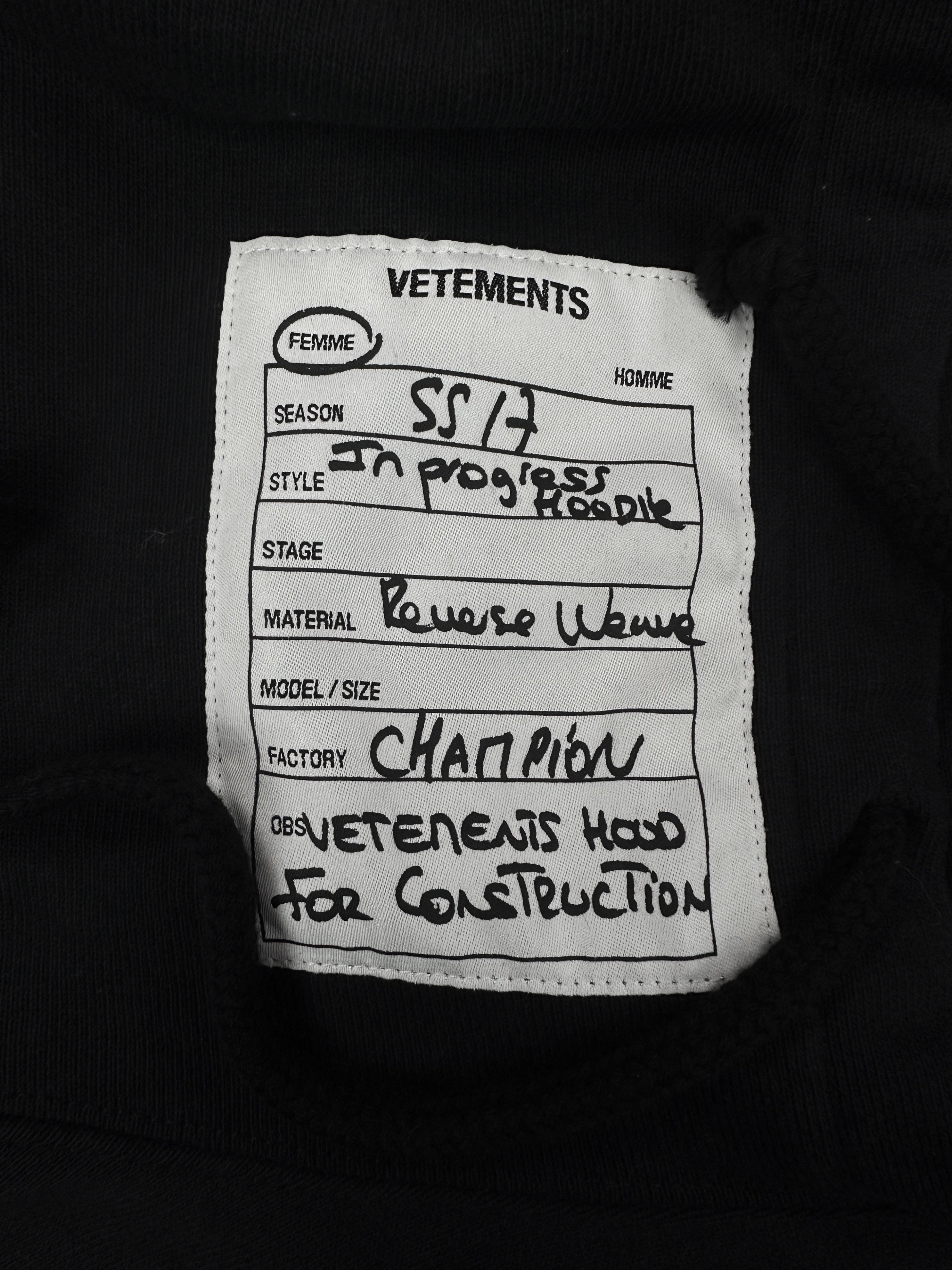 SS17 Vetements x Champion ‘In Progress’ Cut Out Black Hoodie