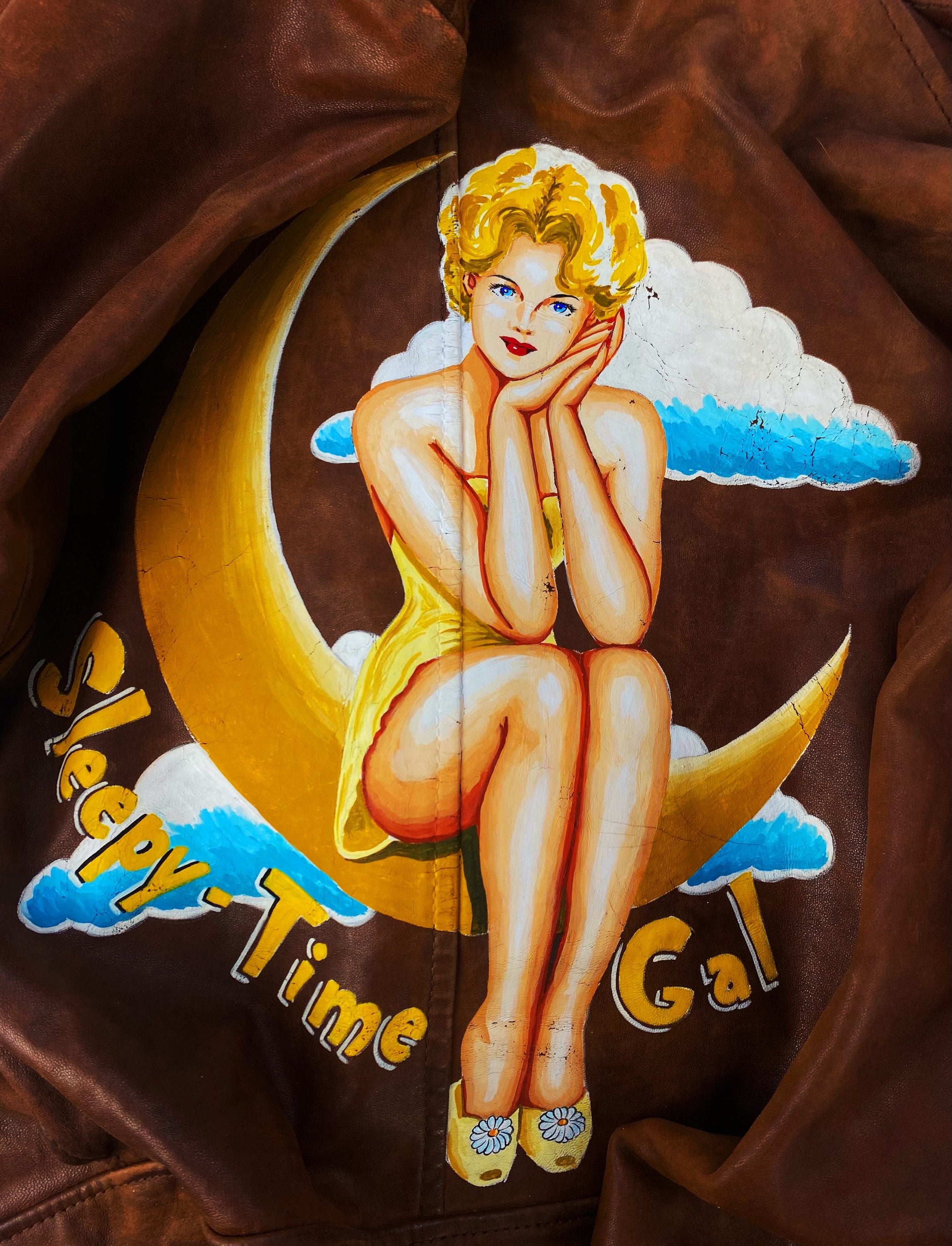 90S AVIREX 'SLEEPY' PIN-UP GIRL PAINTED LEATHER BOMBER JACKET