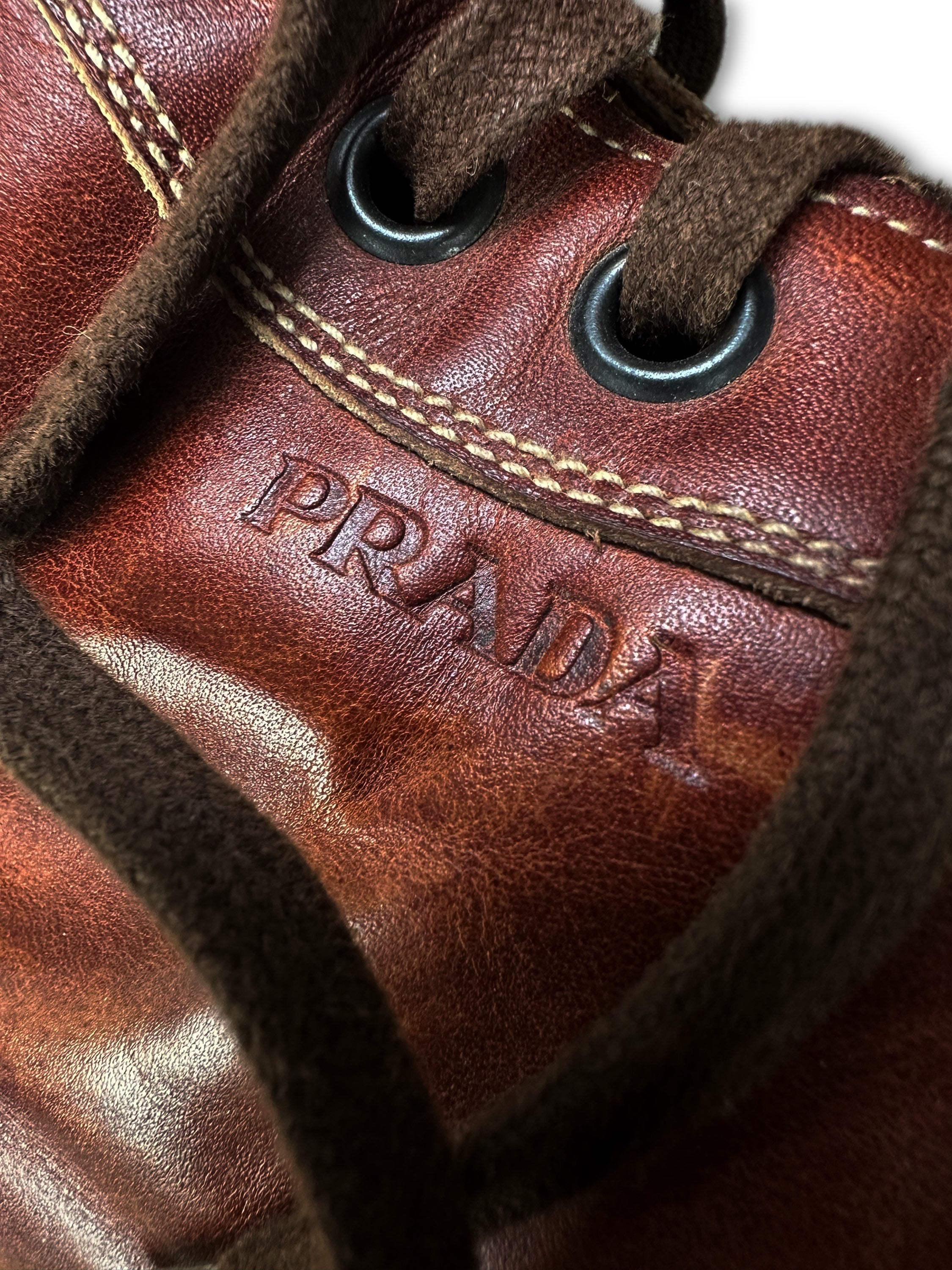 00s Prada Brown Leather Embossed Hiking Boots