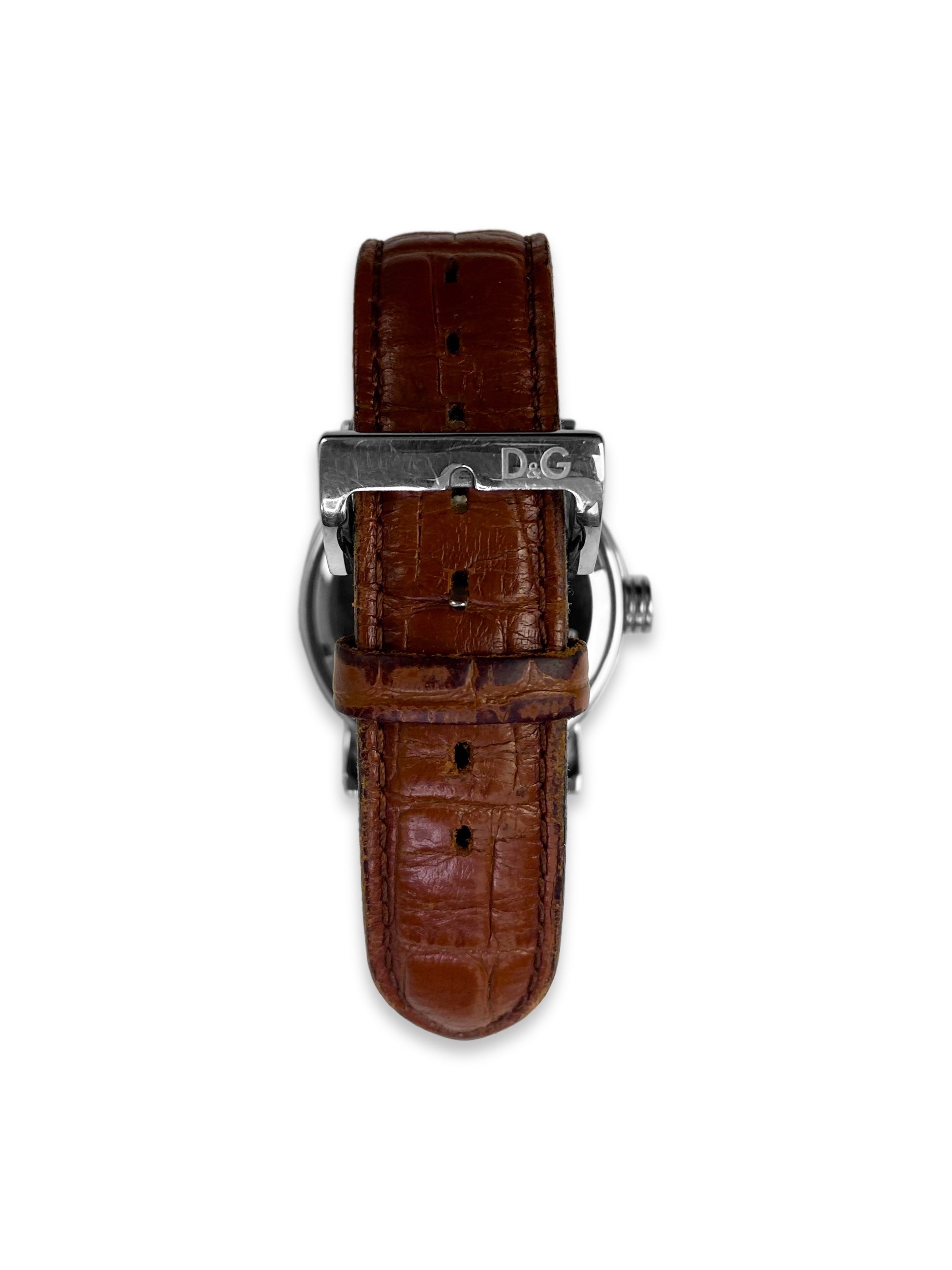 00s Dolce & Gabbana Brown Leather Band Silver Face Watch
