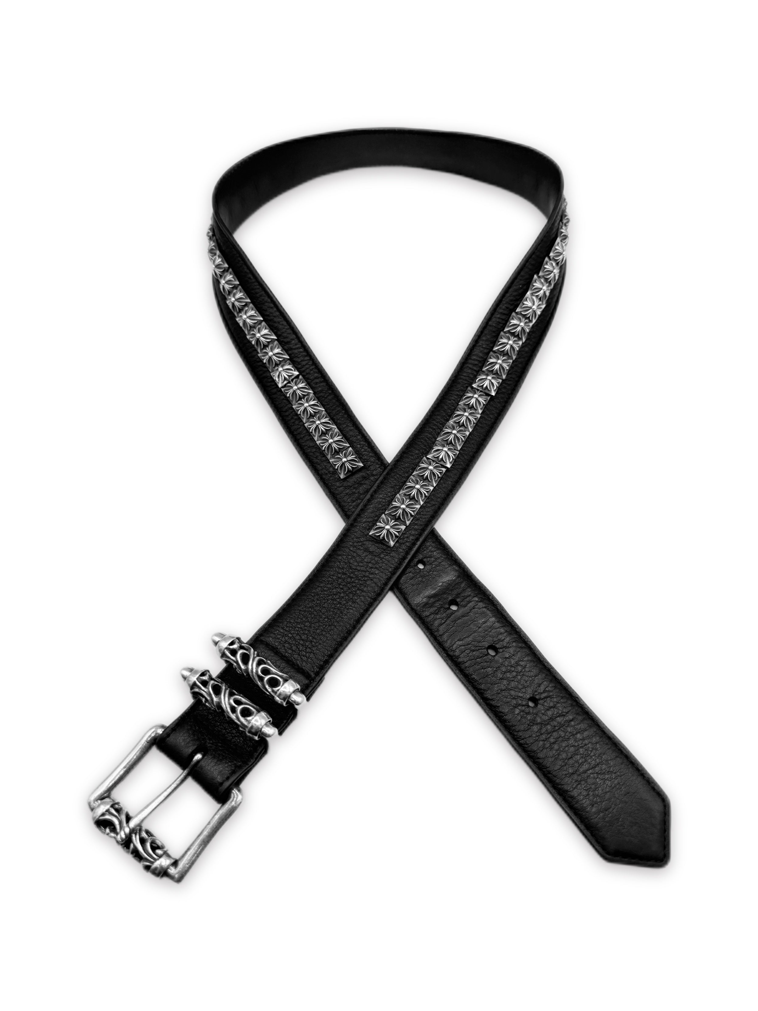 Chrome Hearts Pyramid Studded Roller .925 Silver Black Leather Belt