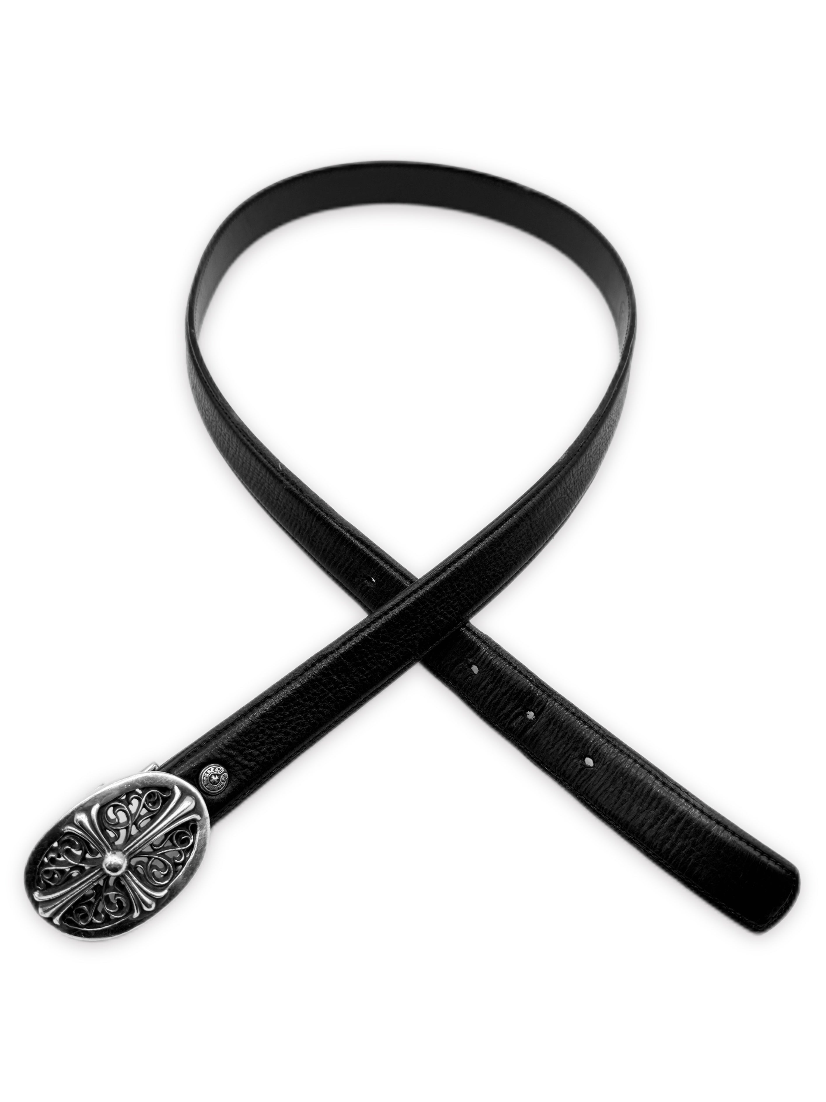 Chrome Hearts 1 in Oval Buckle + Black Leather .925 Silver Belt Strap Set