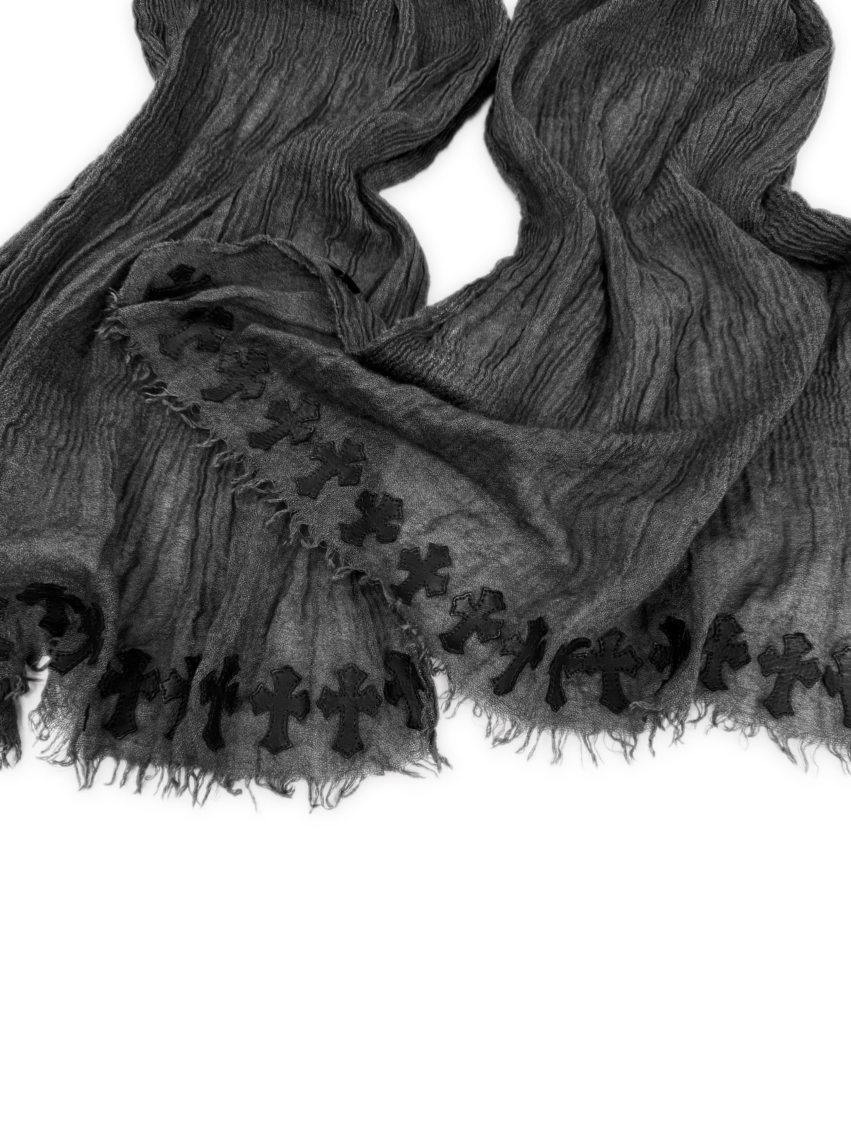 Chrome Hearts 44 Cemetery Mini Leather Cross Patch Silk XL Grey Scarf