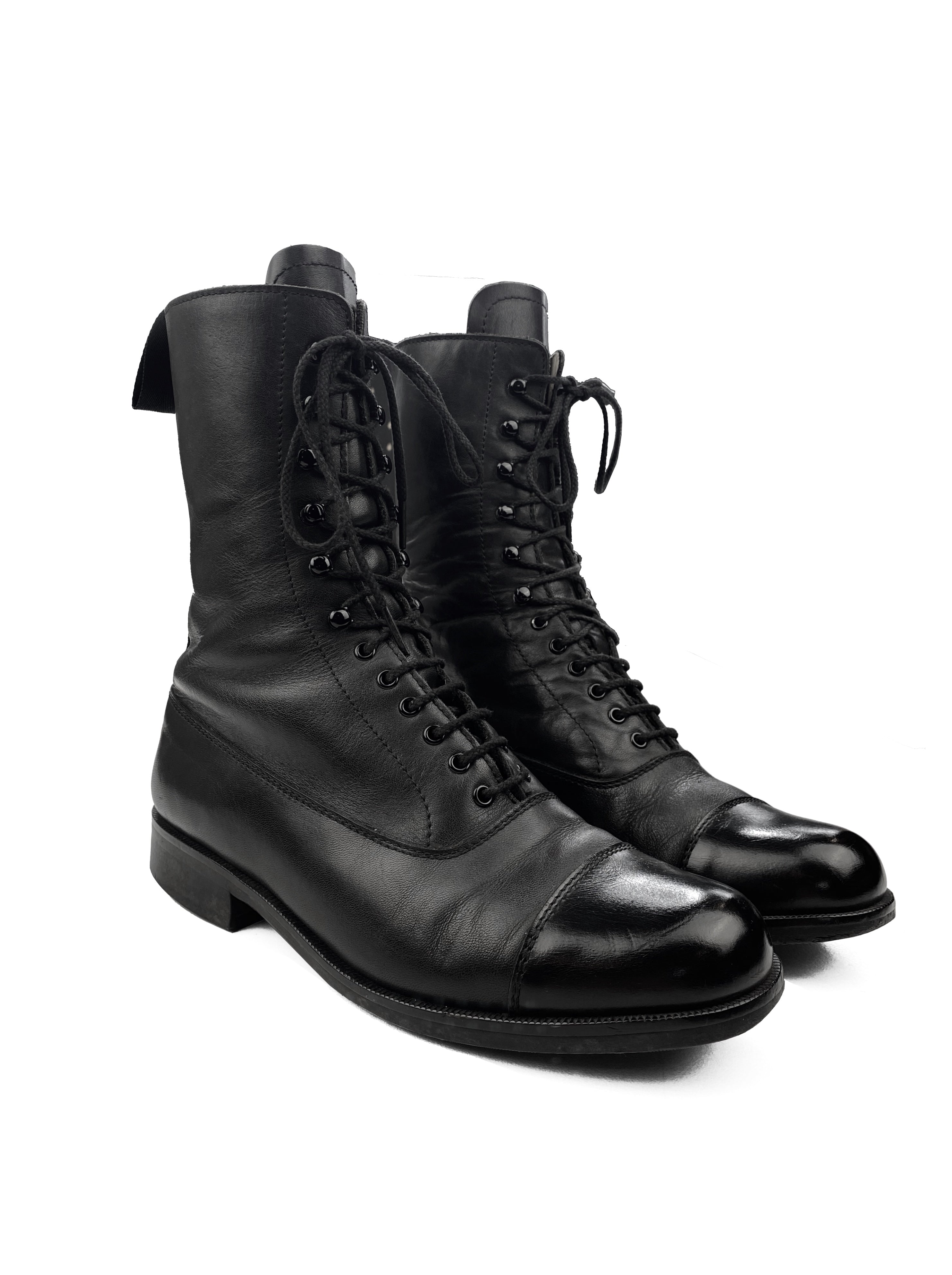 Yohji Yamamoto Weaved Lace Leather Combat Boots