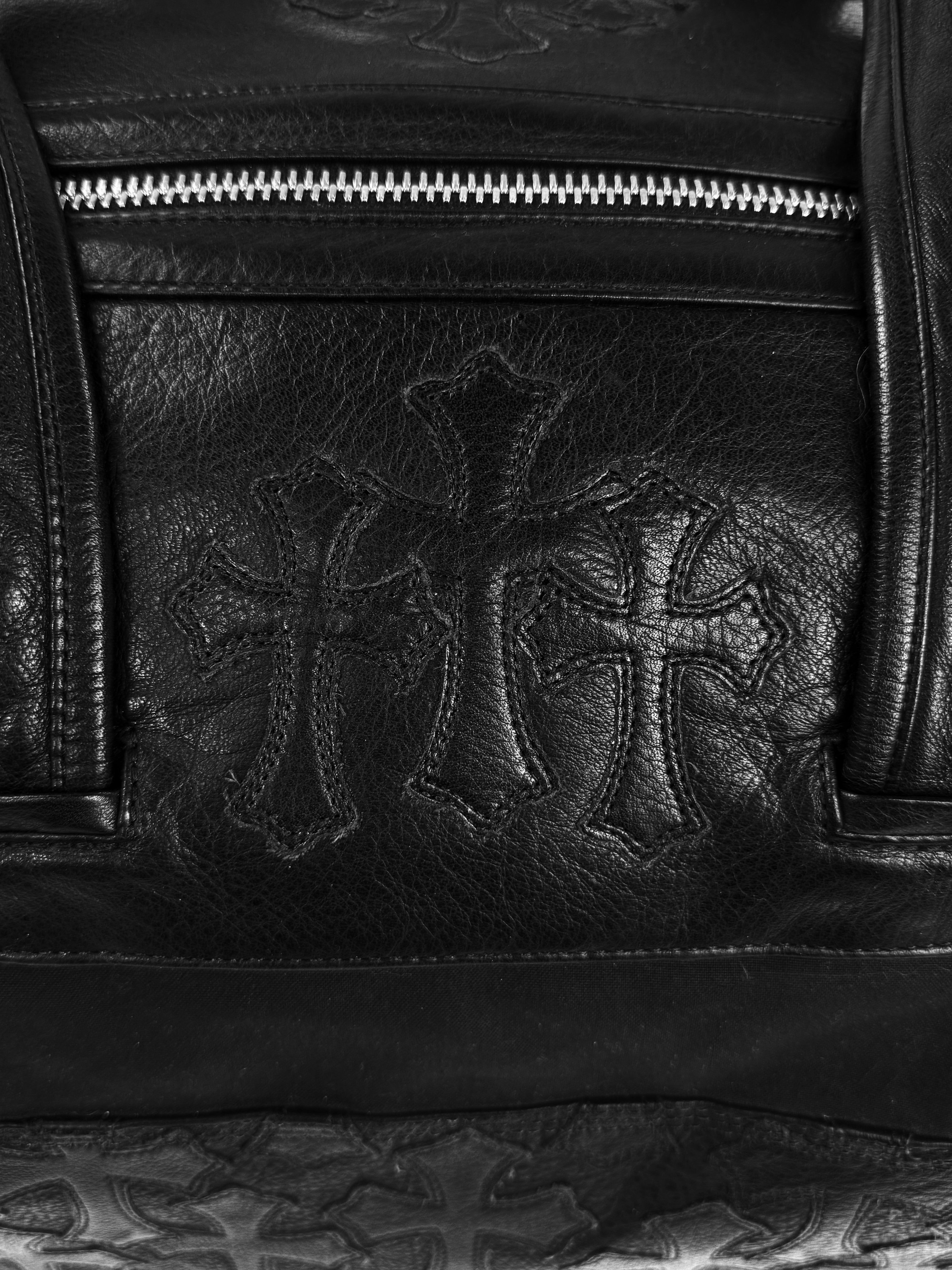 Chrome Hearts Cemetery Cross Patch Flooded Black Leather Large Duffle Bag