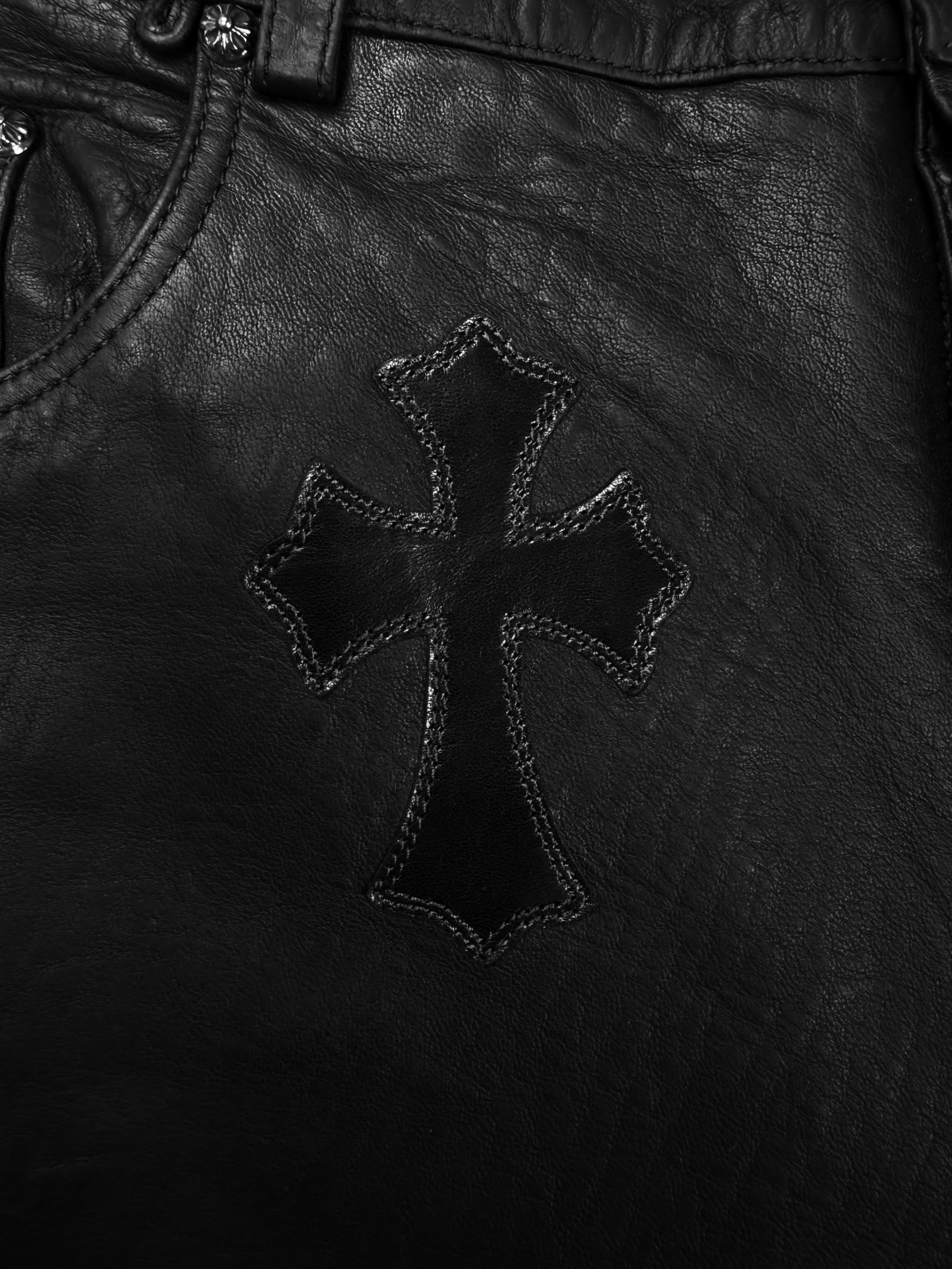 Chrome Hearts ‘Fuck You’ 20 Cross Patch Flooded JVP Lambskin Leather Pants