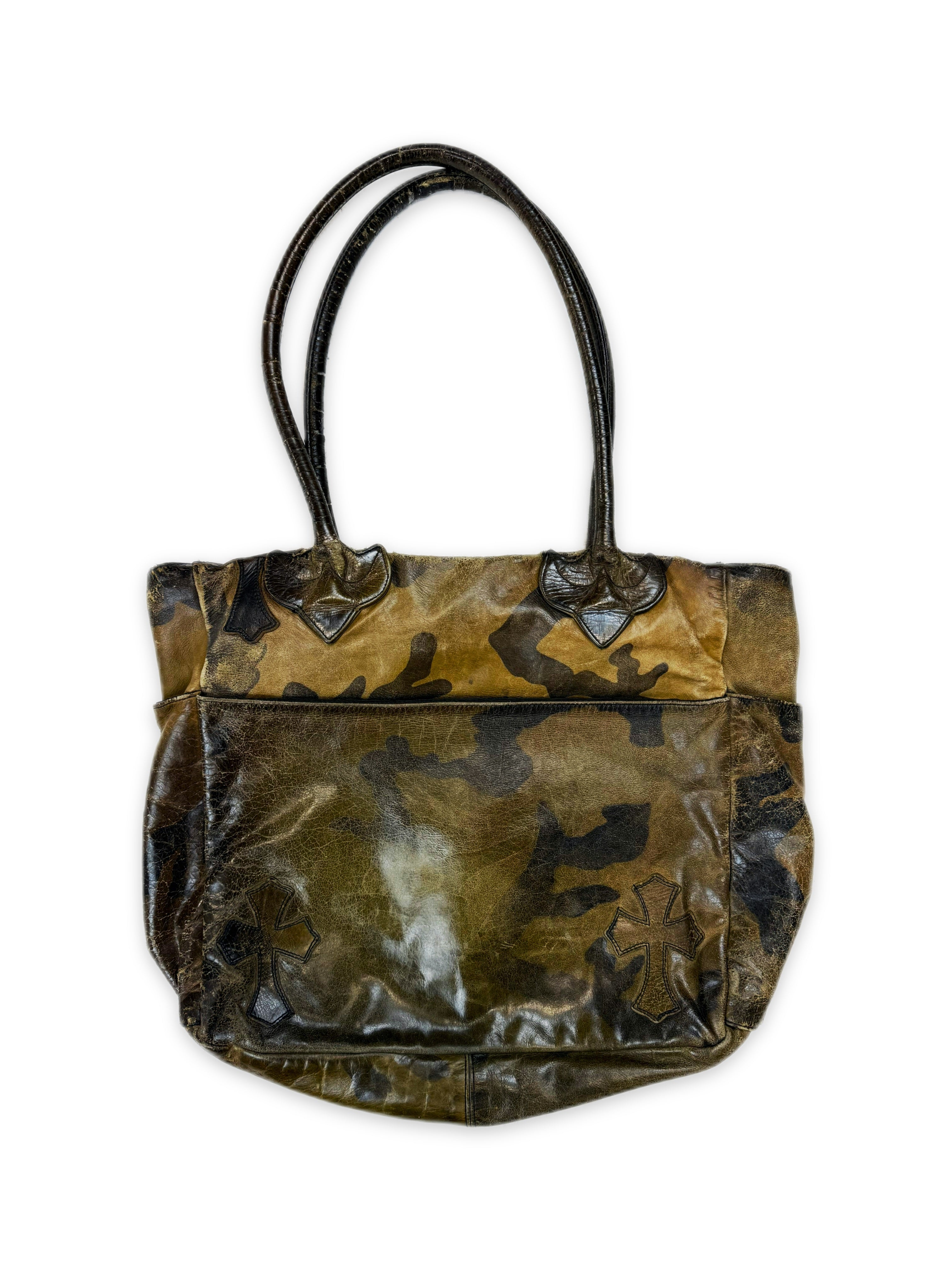 Chrome Hearts Green Camouflage Cross Patch Dagger Zip Leather Tote Bag
