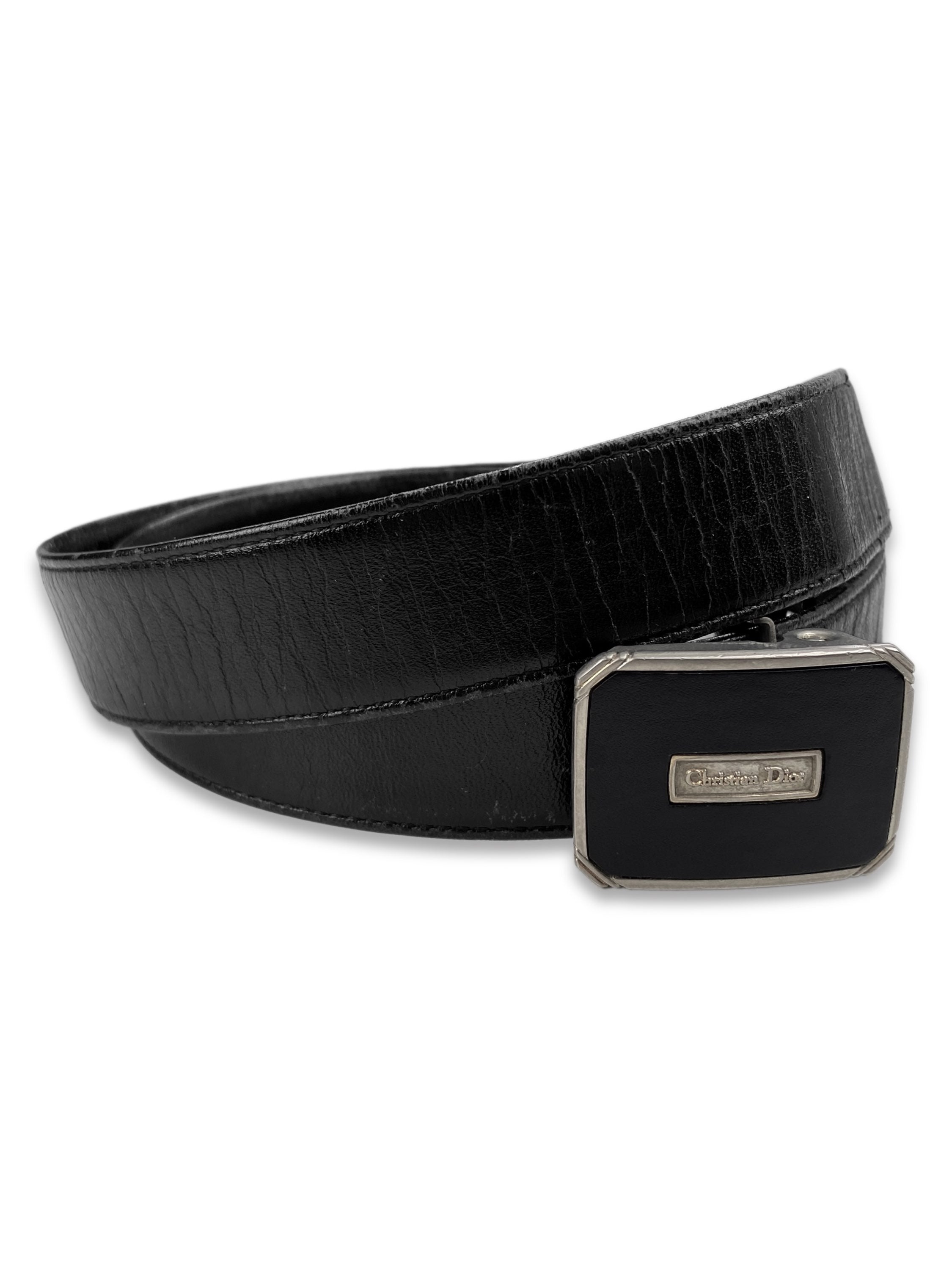 90s Dior Metallic Black Leather Squared Skinny Belt