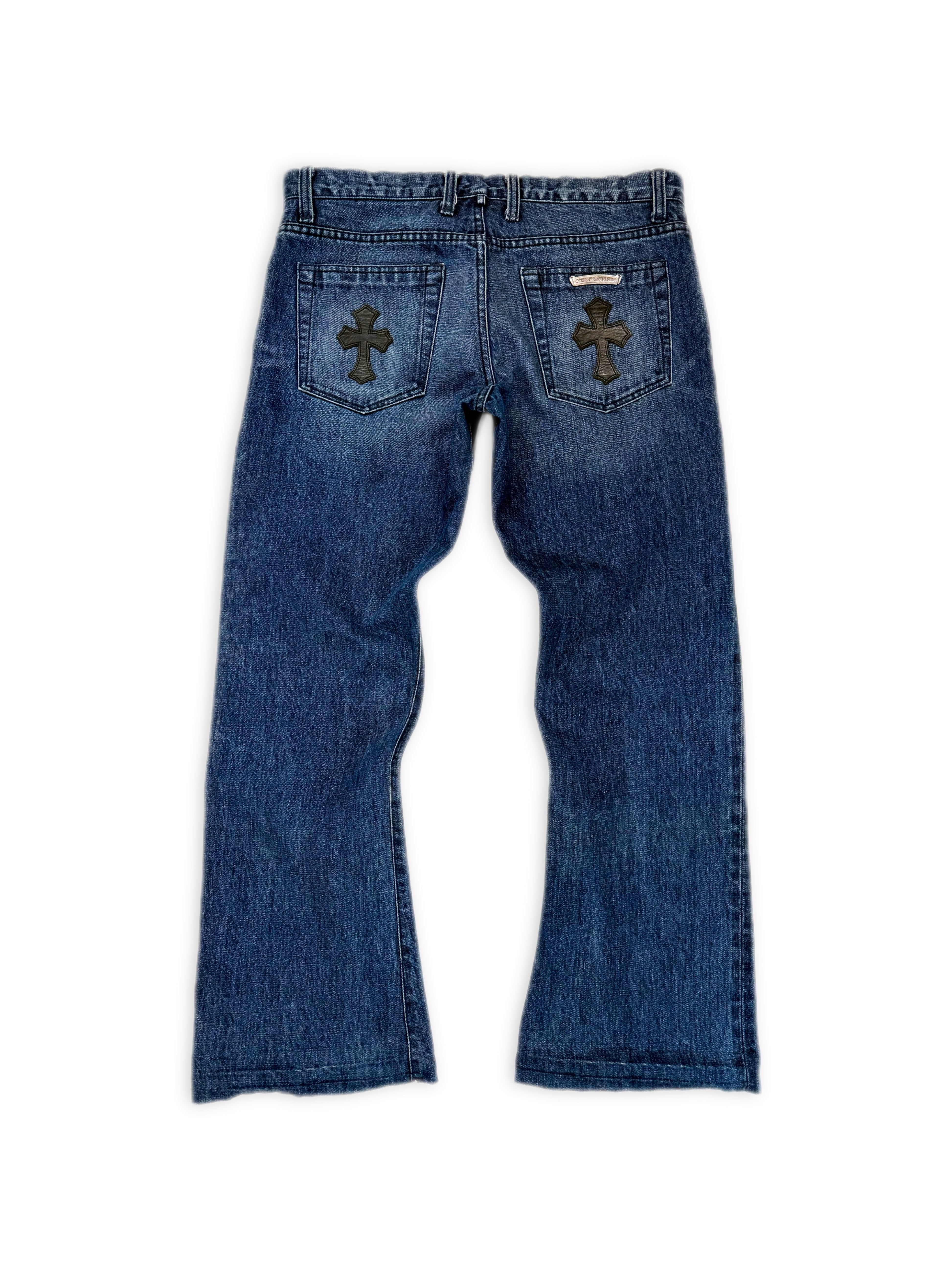 Chrome Hearts Dual Leather Cross Patch Flared Blue Wash Denim Jeans