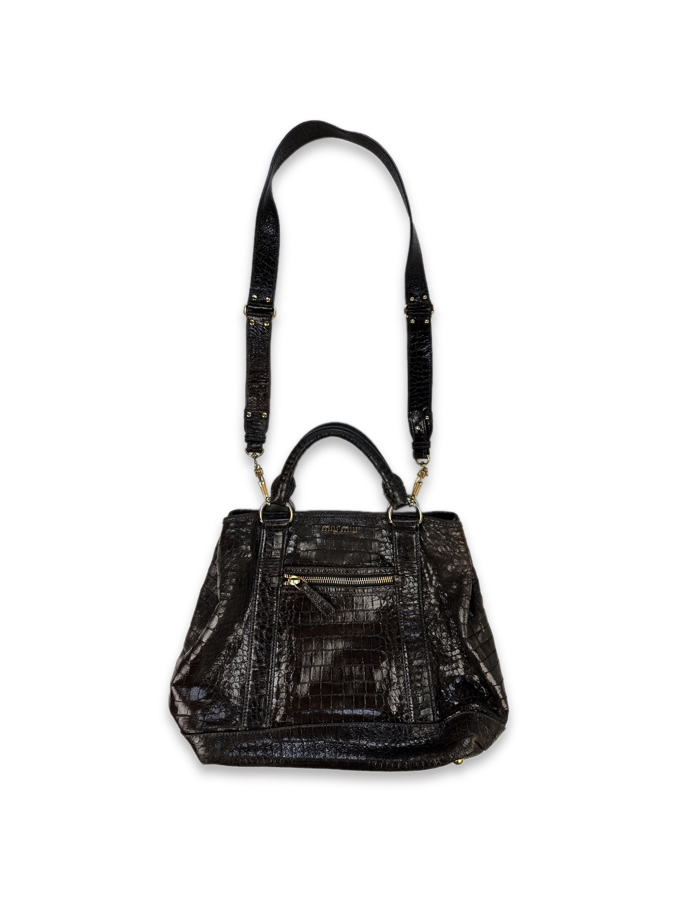 00s Miu Miu Dark Brown Leather Crocodile Shoulder Bag