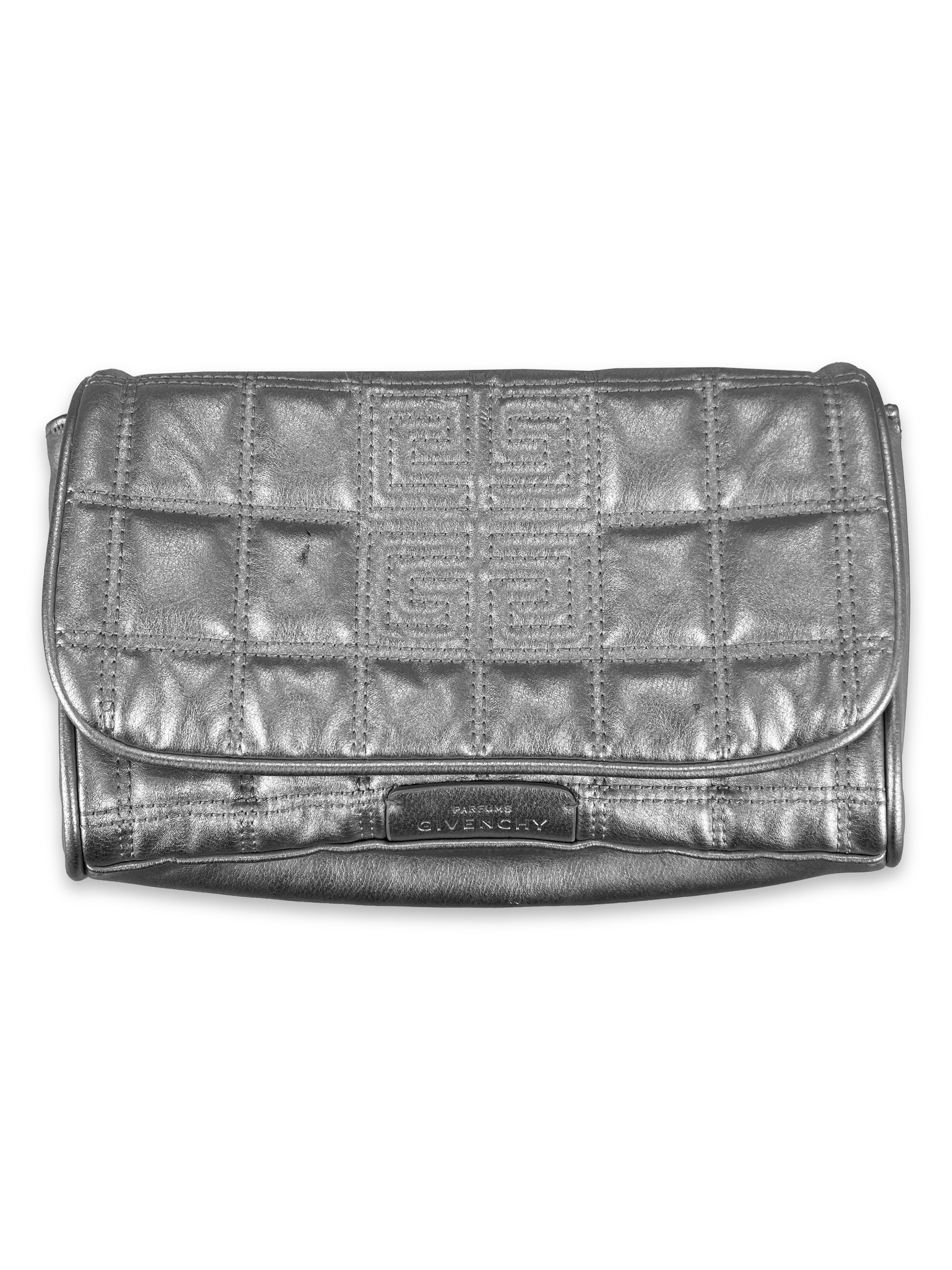 00s Givenchy Quilted Logo Metallic Silver Clutch Bag