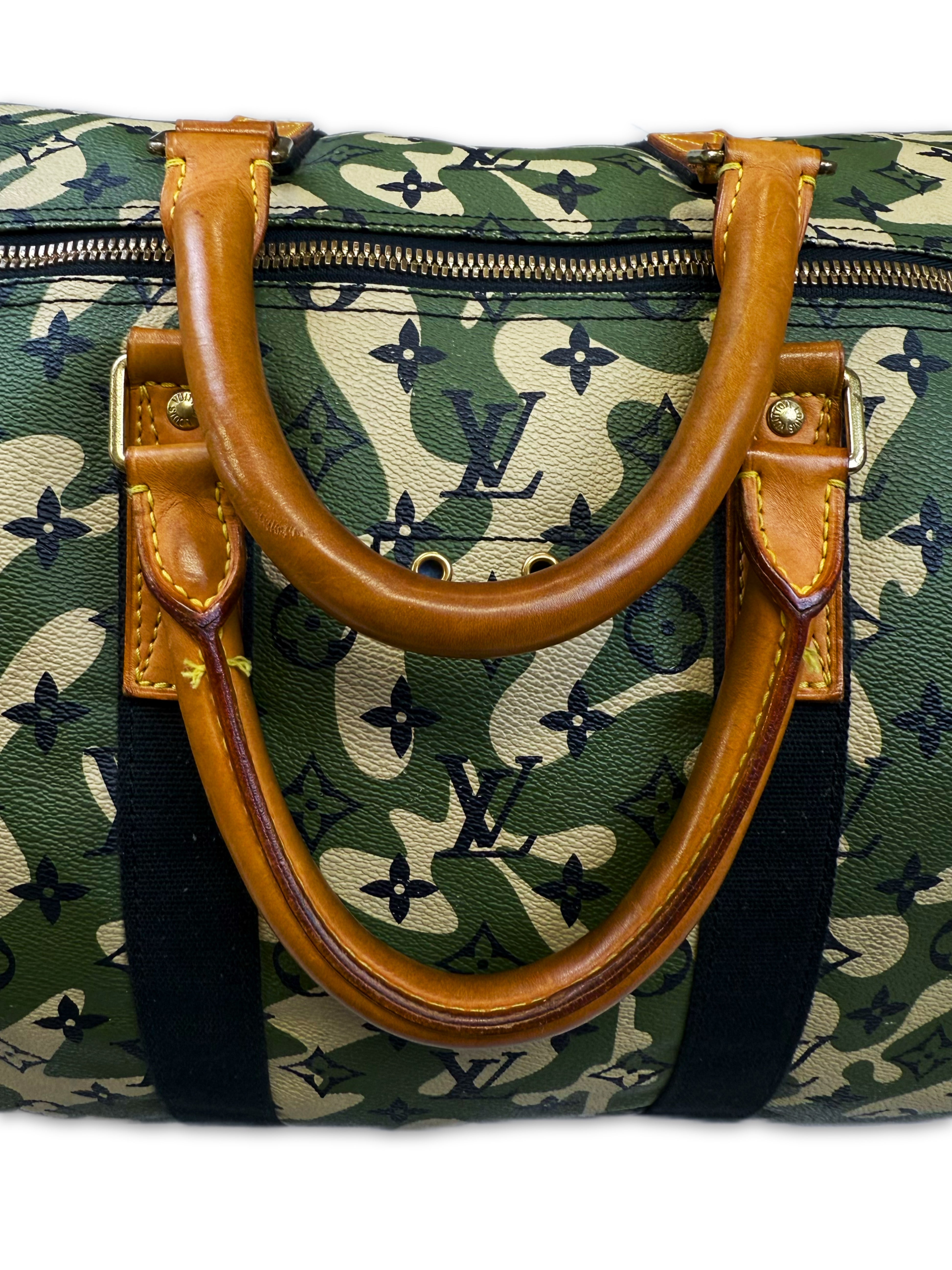 2007 Louis Vuitton x Takahashi Murakami Green Camo Keepall 55 Duffle Bag