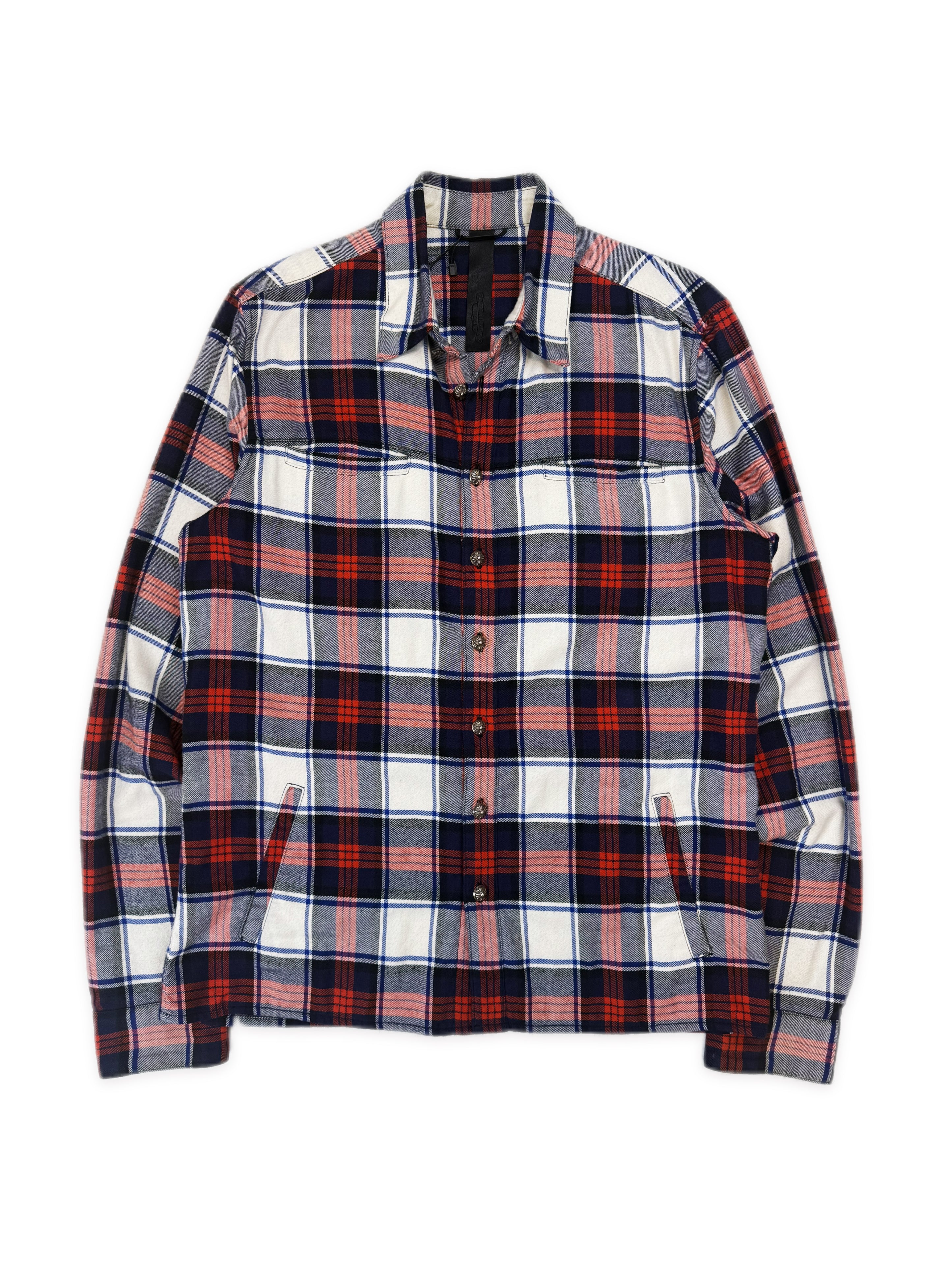 Chrome Hearts Dual Leather Cross Patch Red Checkered Flannel Shirt