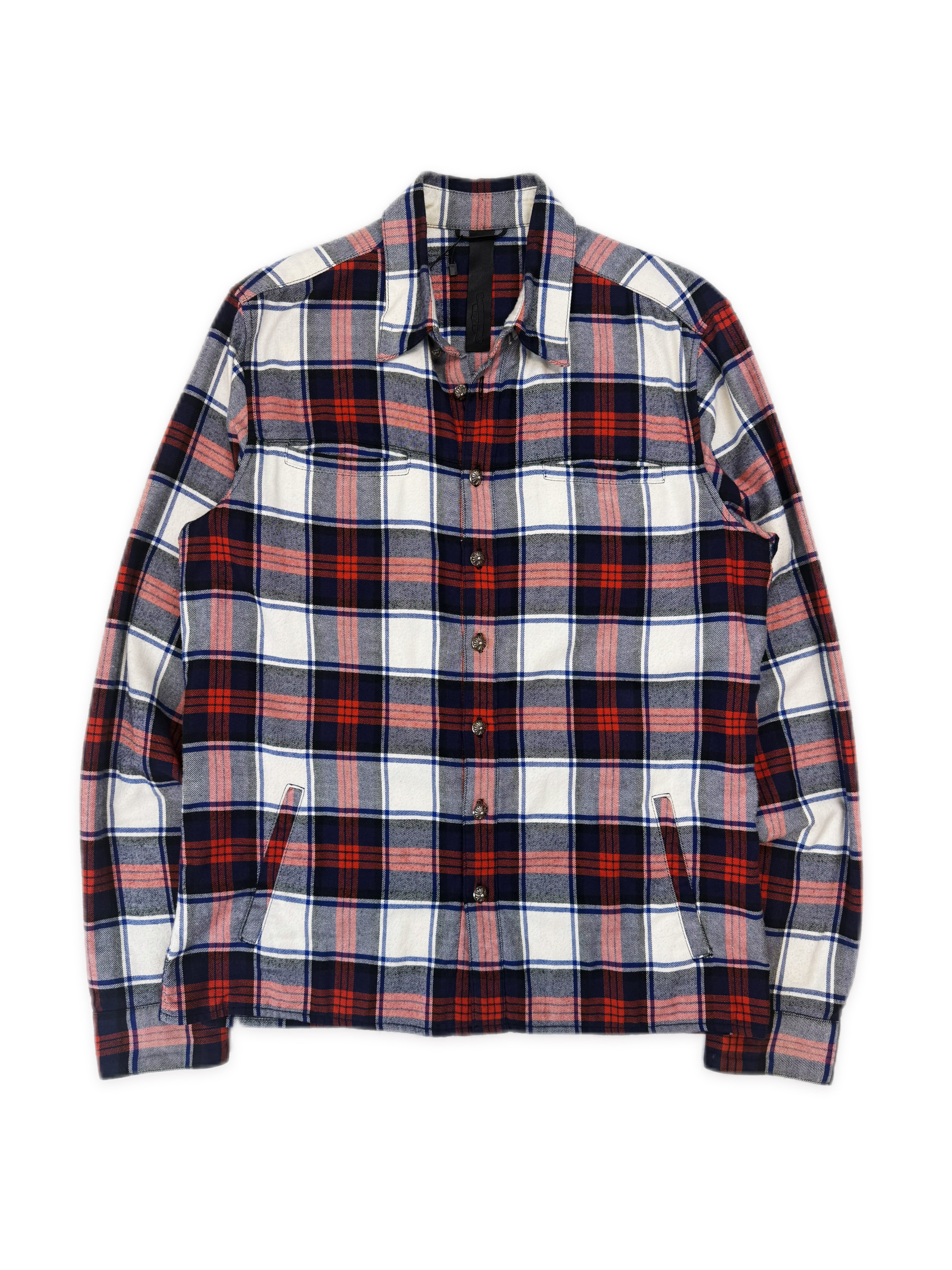 Chrome Hearts Dual Leather Cross Patch Red Checkered Flannel Shirt