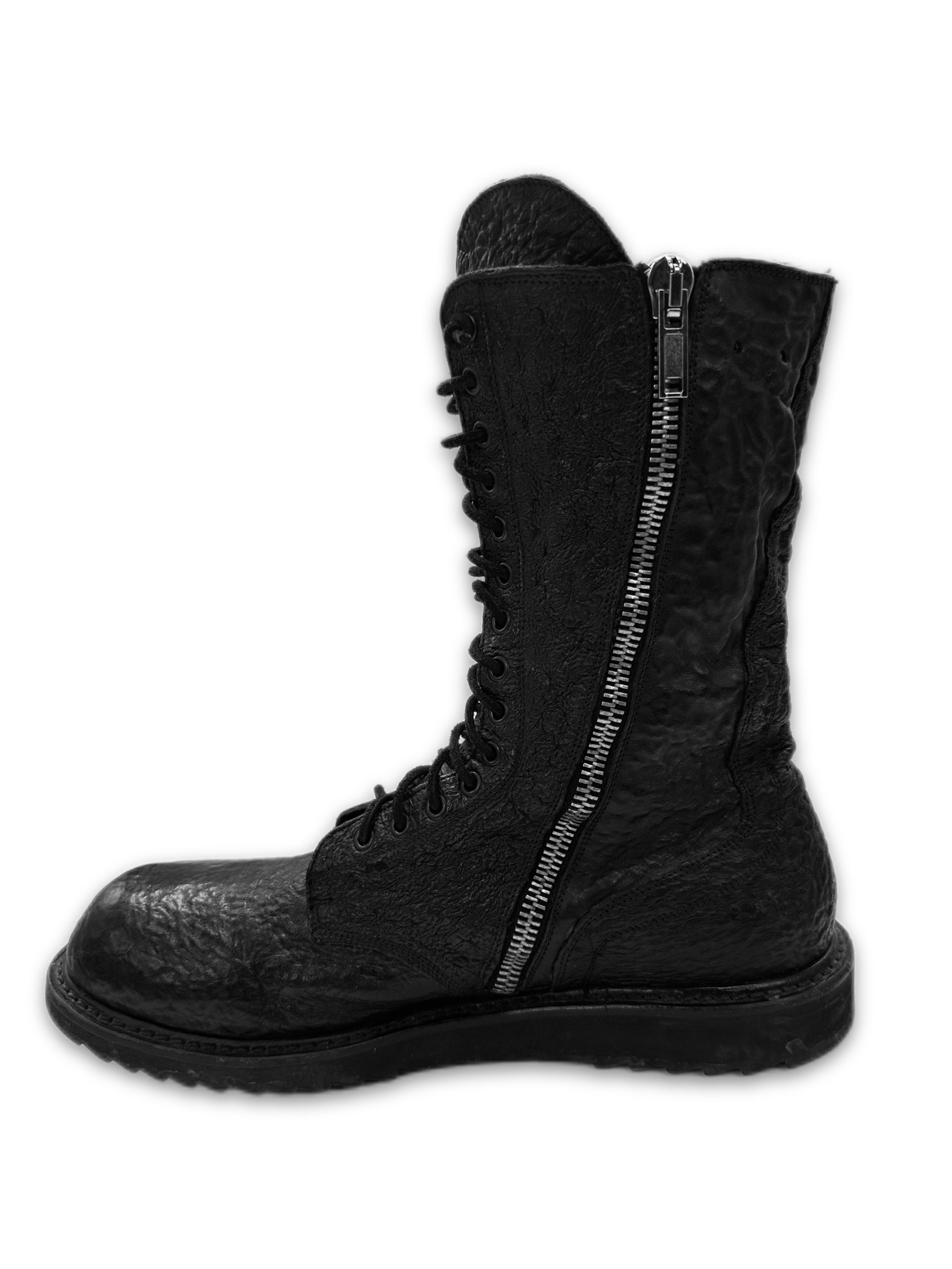 Rick Owens Crinkled ‘Shark Leather’ Acid Treated Combat Boots