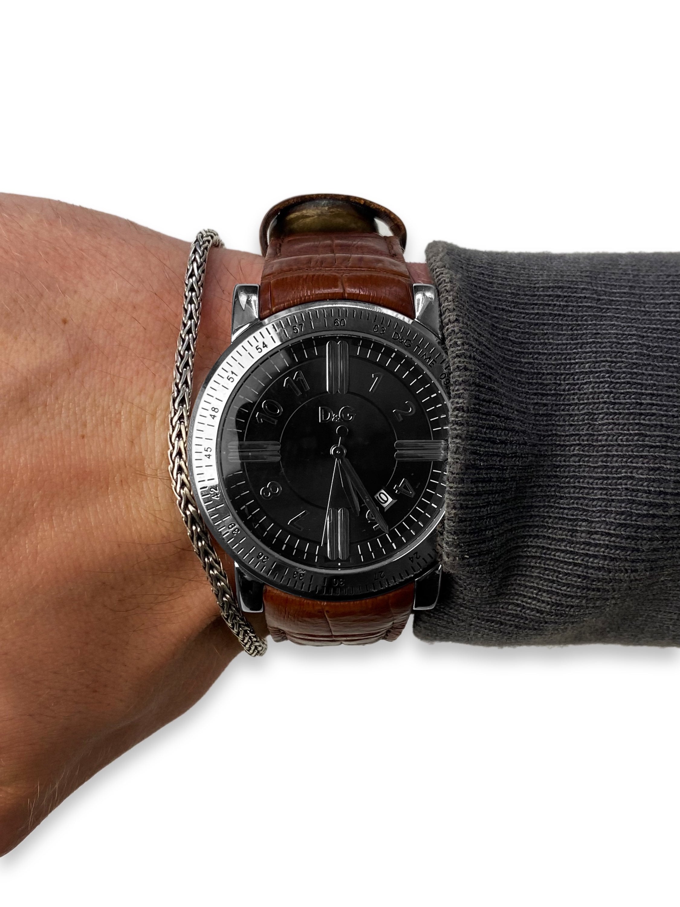 00s Dolce & Gabbana Brown Leather Band Silver Face Watch