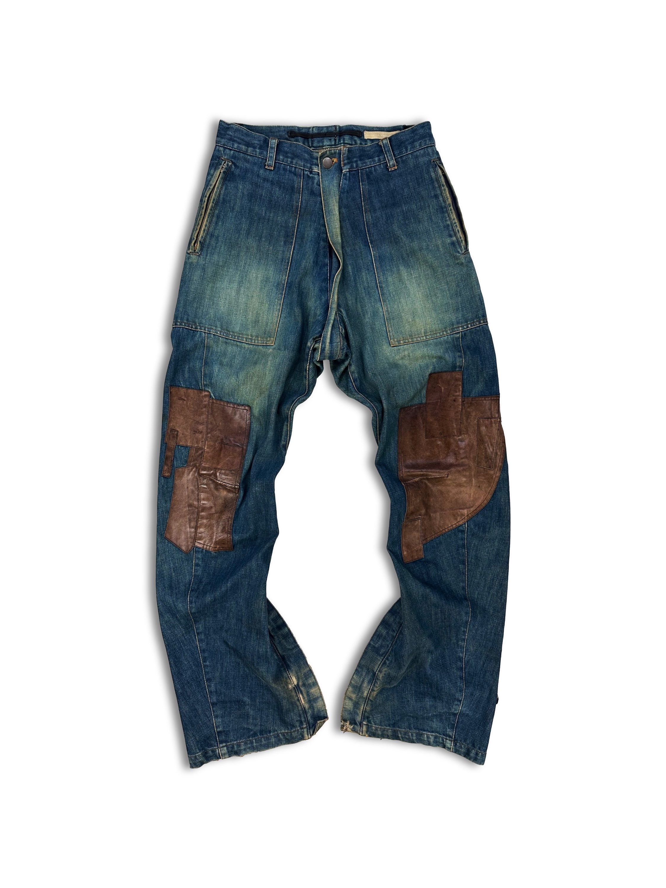 Mihara Yasuhiro Full Crotch Zip Leather Patched Flared Denim