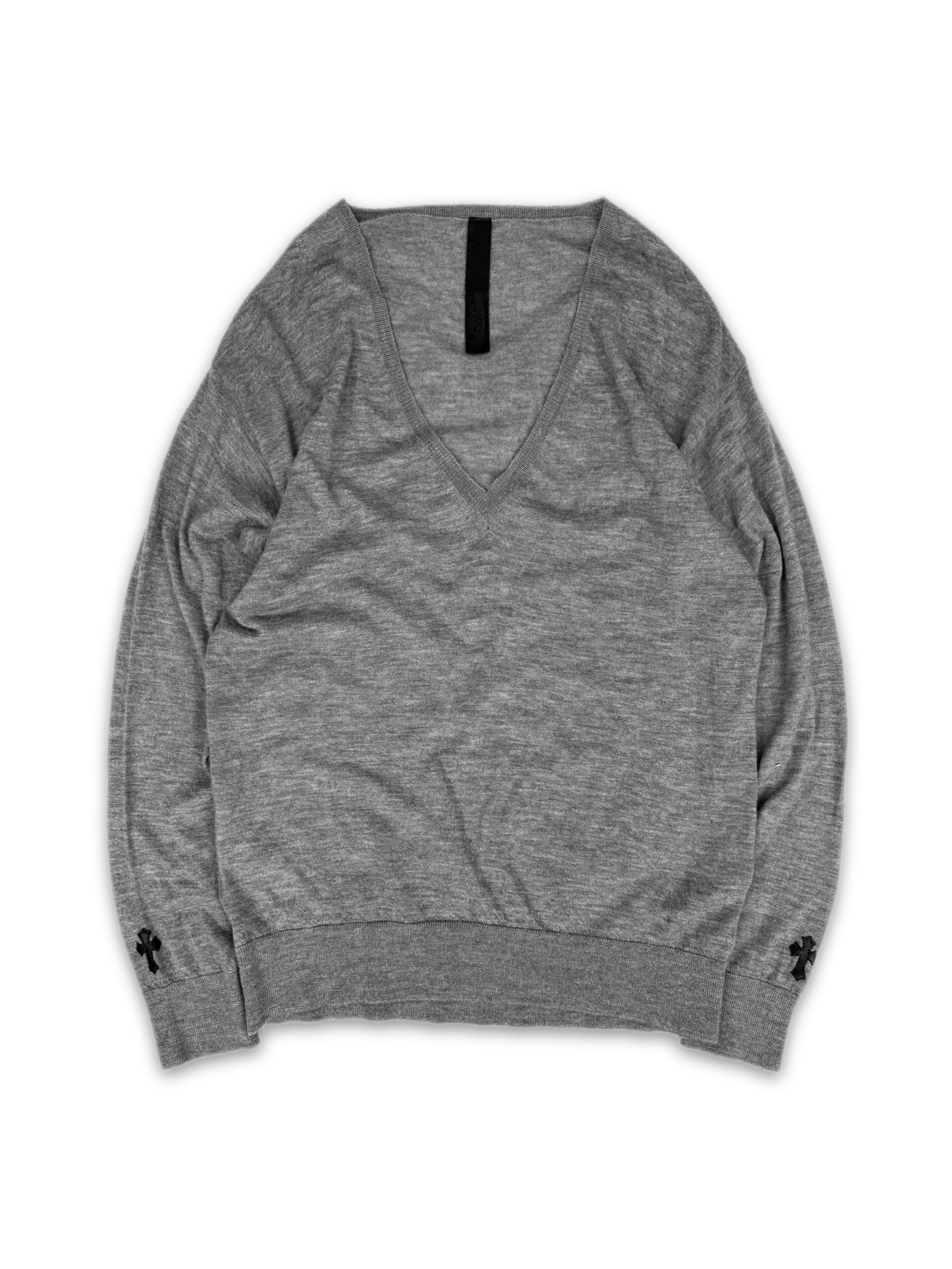 Chrome Hearts ‘Cross’ Patch Leather V-Neck Cashmere Knit Sweater
