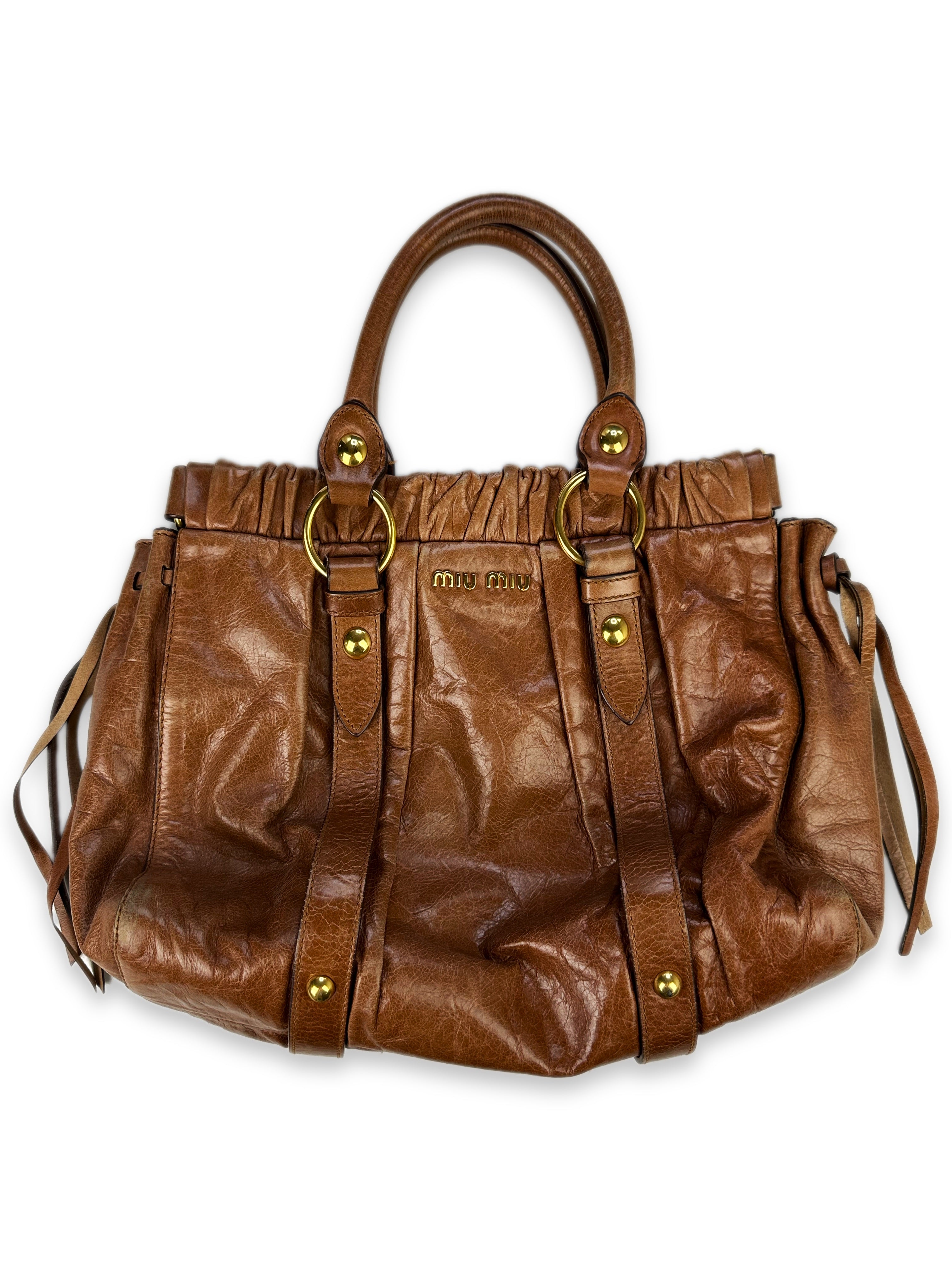 Miu Miu Brown Leather Gold Logo Handbag