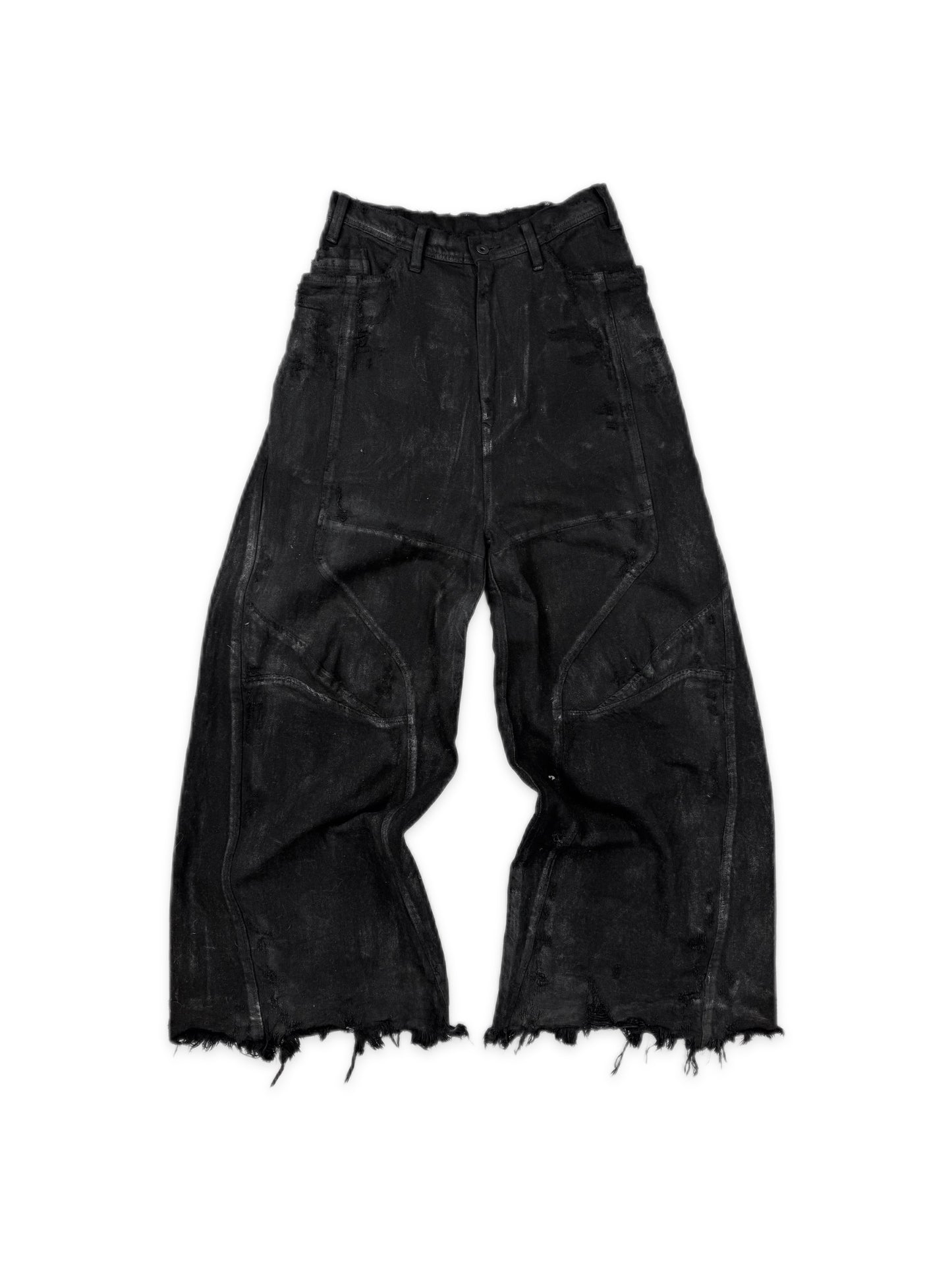 AW24 Julius ‘Rift’ Black Waxed Wide Leg Distressed Black Denim