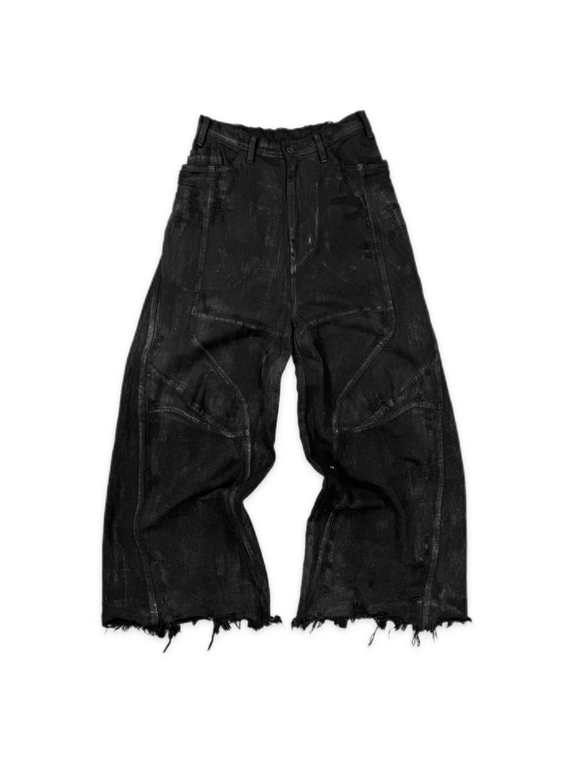 AW24 Julius ‘Rift’ Black Waxed Wide Leg Distressed Black Denim