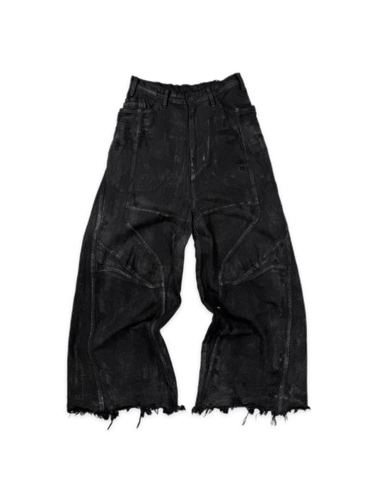 AW24 Julius ‘Rift’ Black Waxed Wide Leg Distressed Black Denim