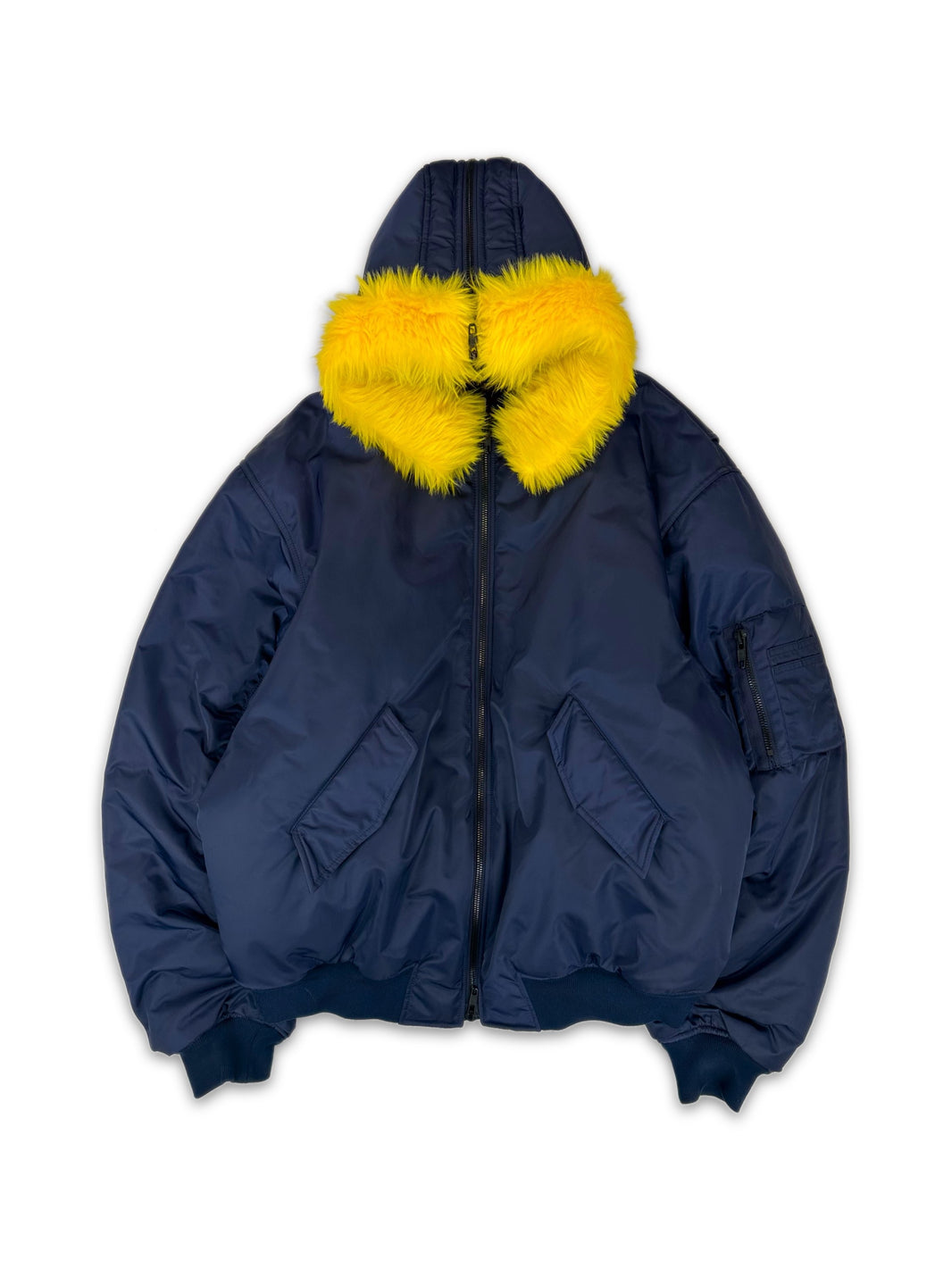 AW21 Balenciaga Faux Fur ‘Split Hood’ Blue Nylon Bomber Jacket