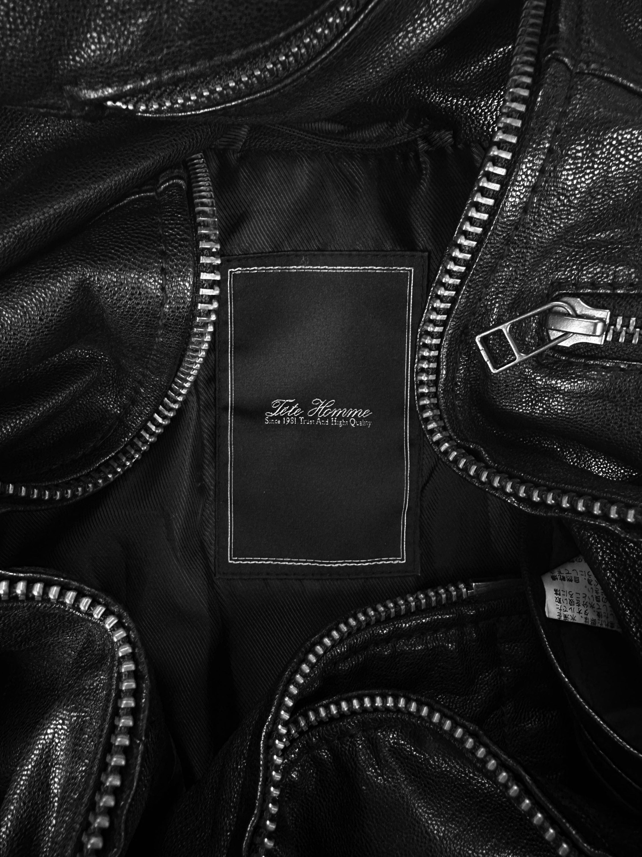 00s Tete Homme Black Leather High Neck Biker Jacket