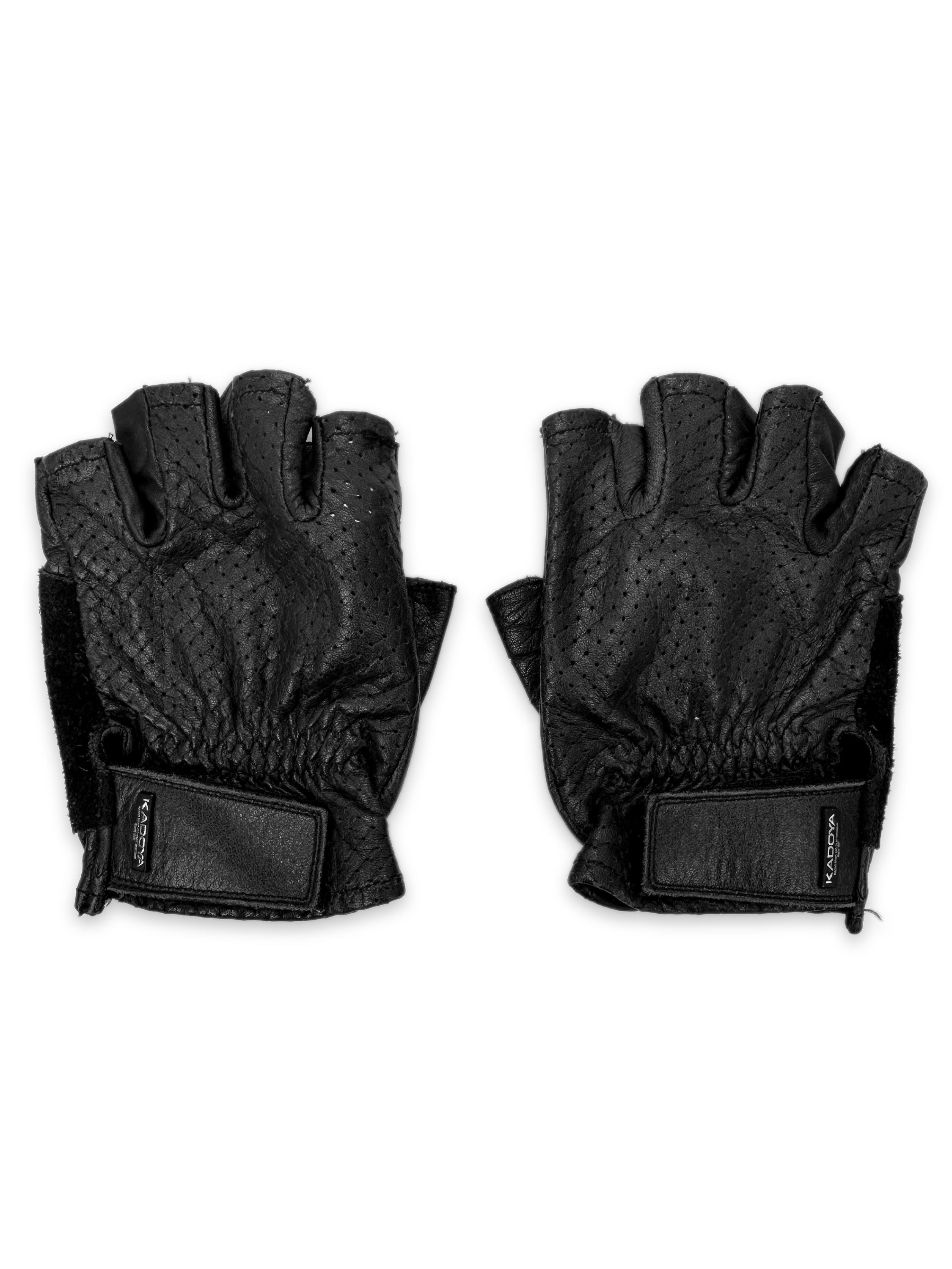 00s Kadoya Perforated Fingerless Black Leather Gloves