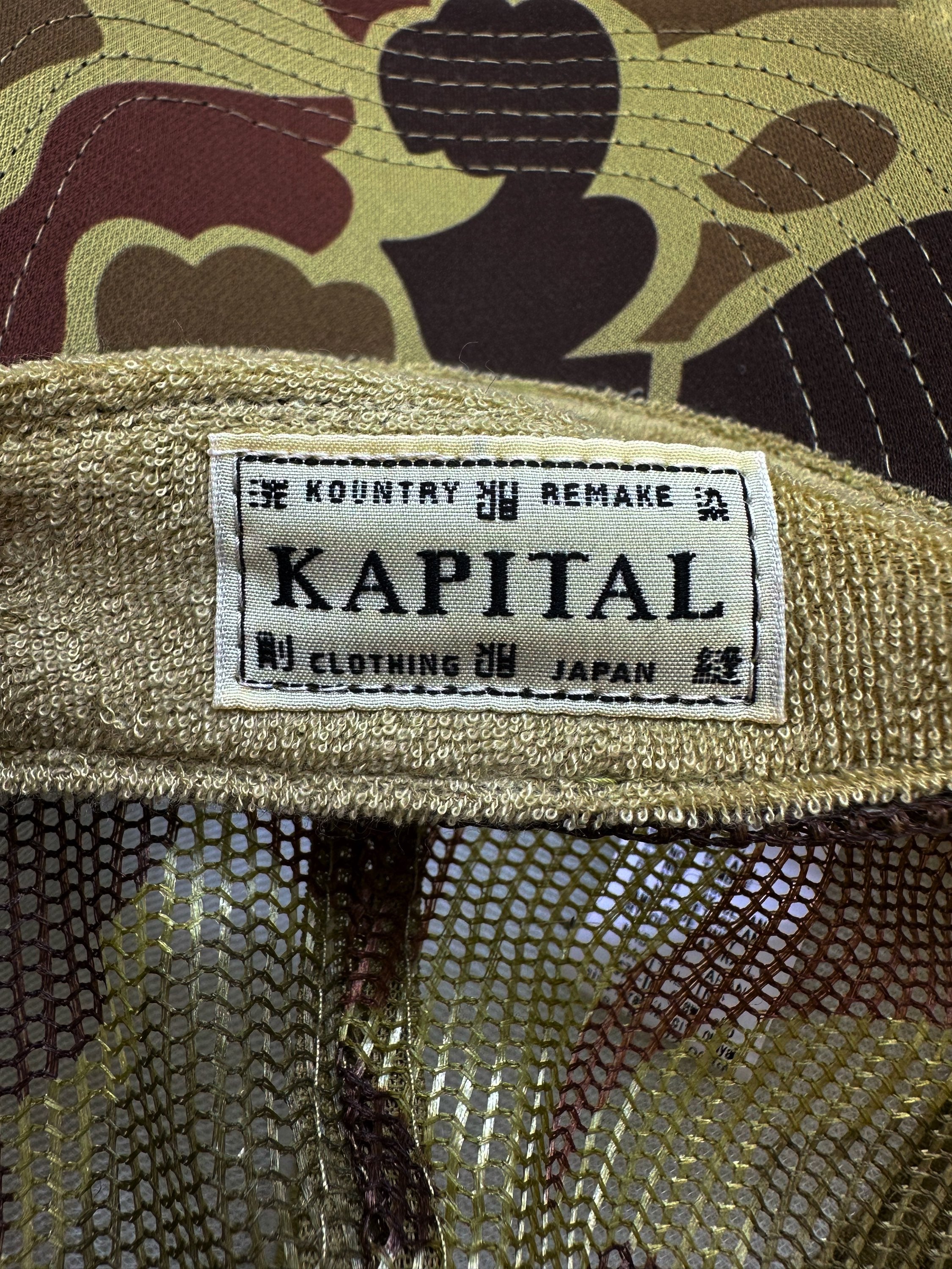 AW24 Kapital Green Camo ‘Denim Men Love Cats’ Mesh Trucker Hat