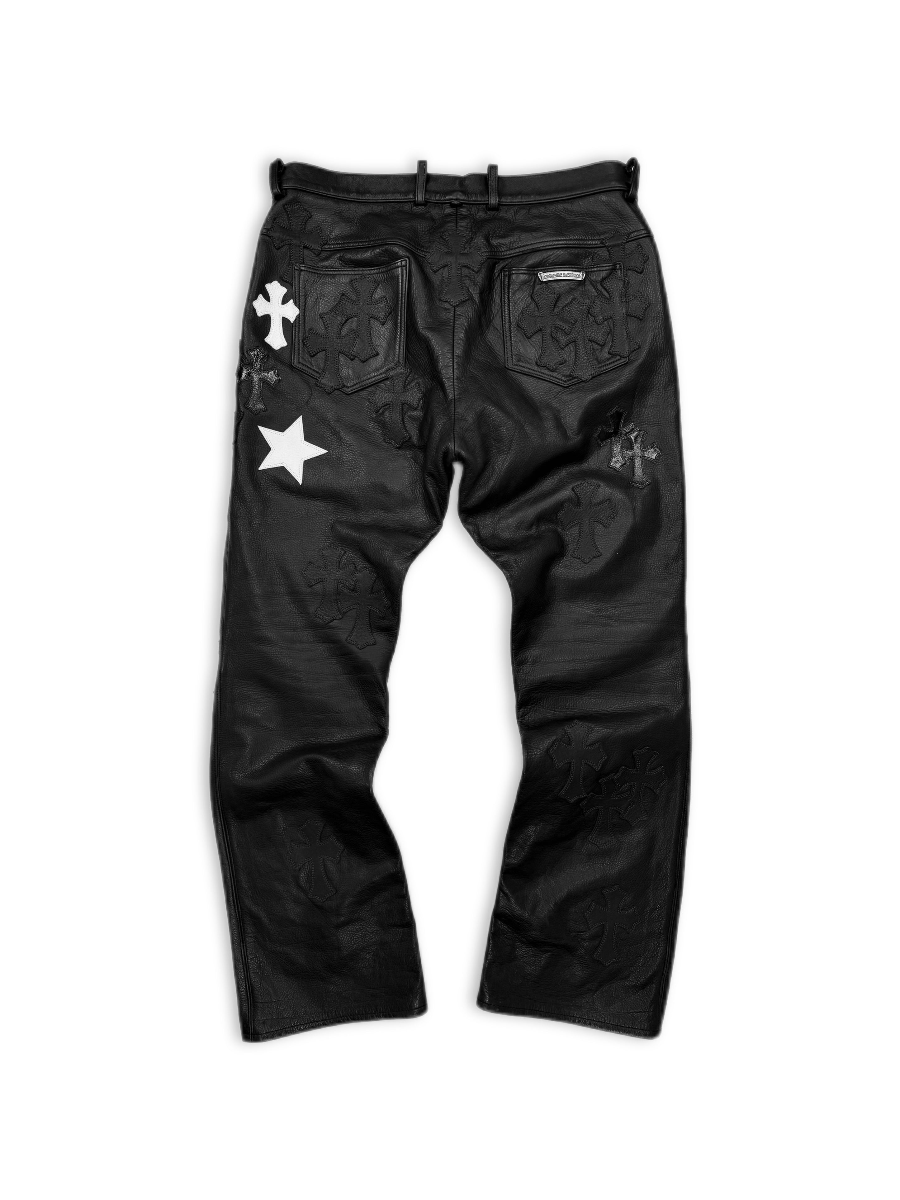 Chrome Hearts 48 Cross Star Patch Fleur Knee Leather Pants
