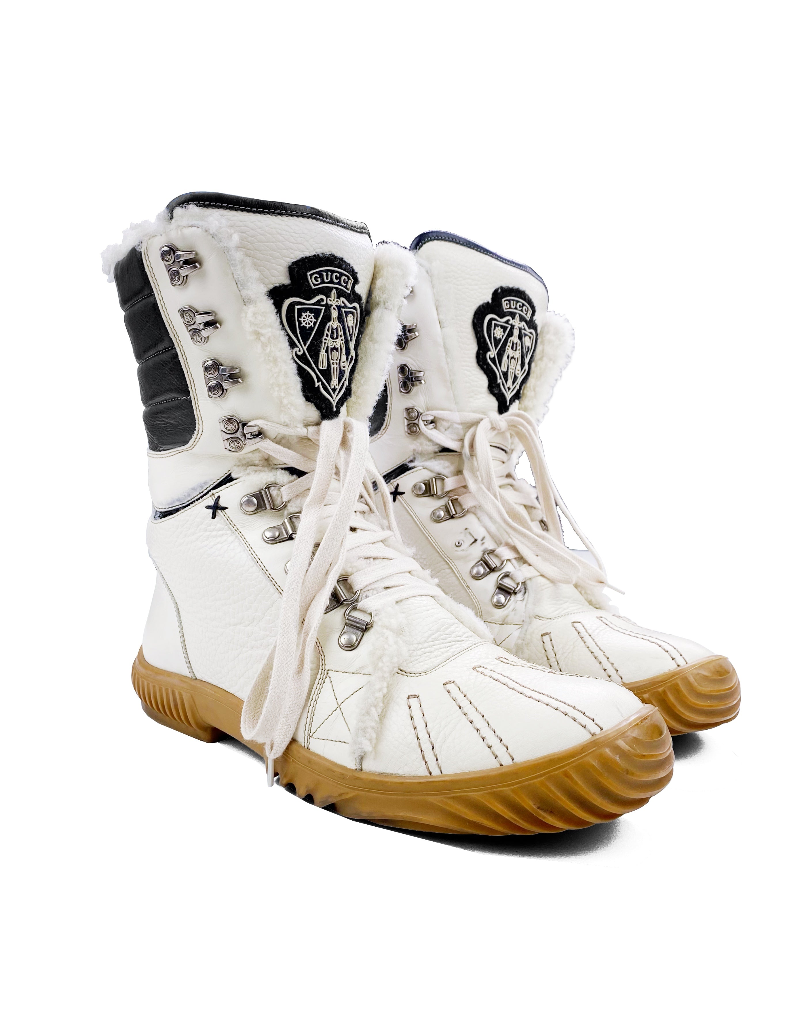 Gucci Leather Shearling Lined Gum Bottom Hooked Boots