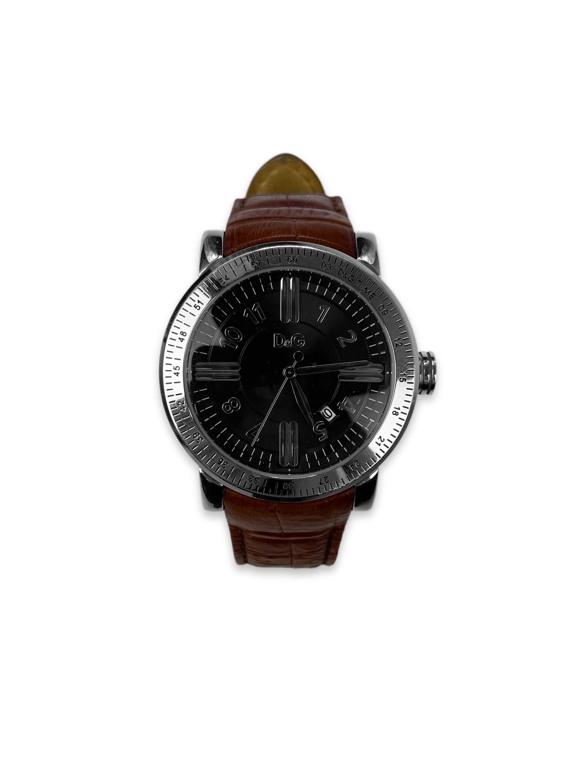 00s Dolce &amp; Gabbana Brown Leather Band Silver Face Watch