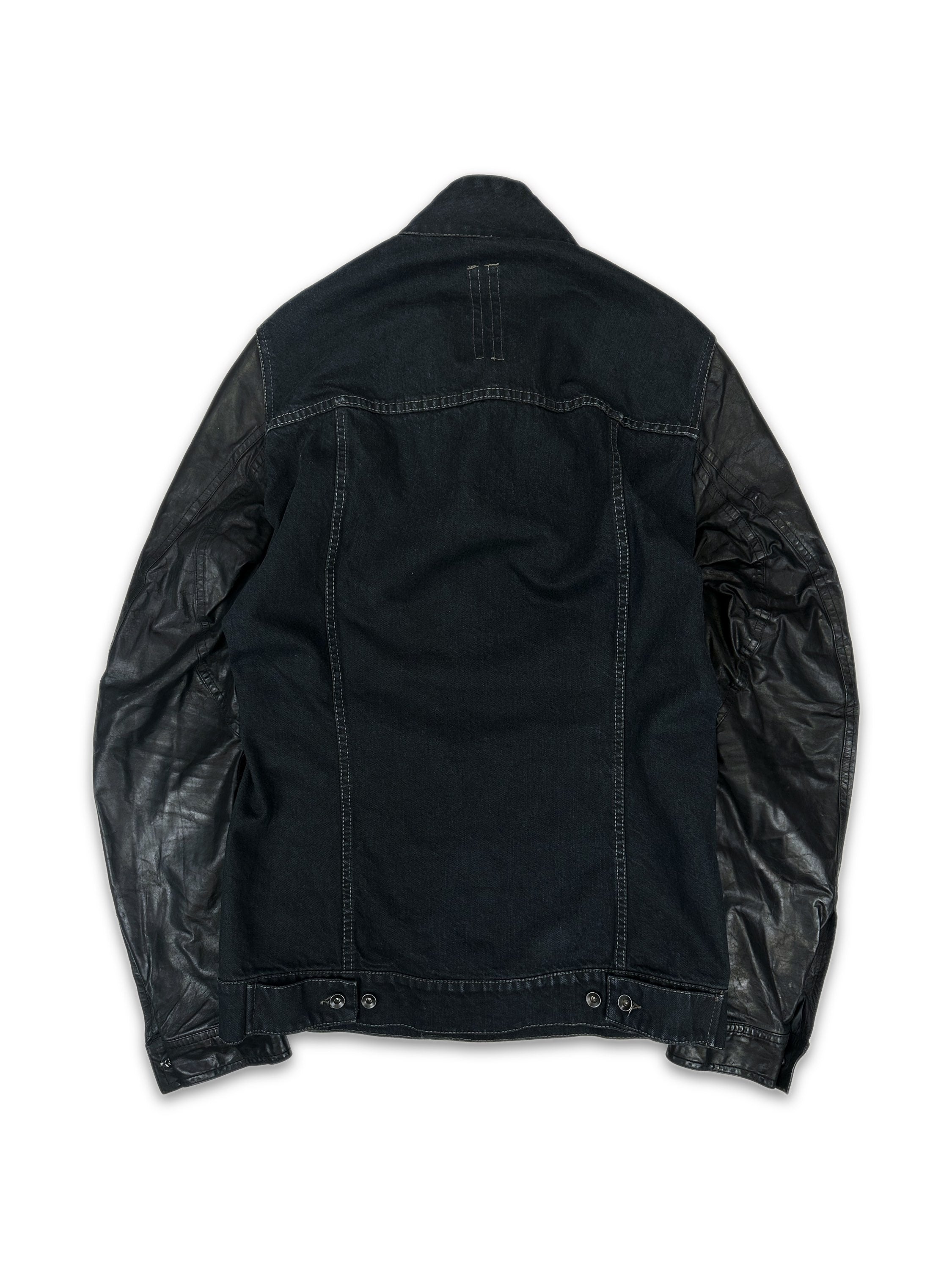 SS16 Rick Owens Asymmetric Leather Sleeve High Neck Denim Jacket