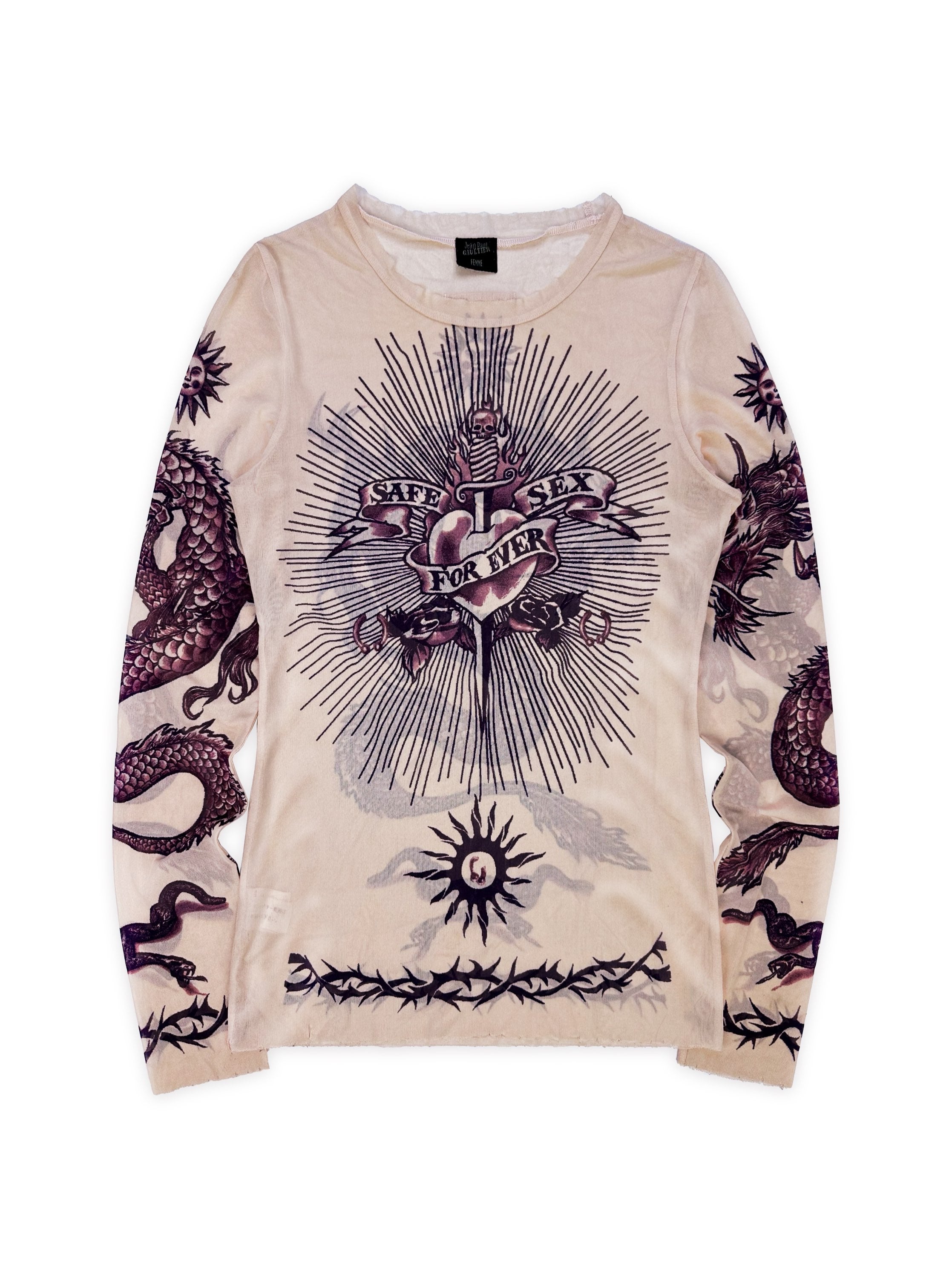 SS96 Jean Paul Gaultier ‘Safe Sex Forever’ Mesh Tattoo Longsleeve