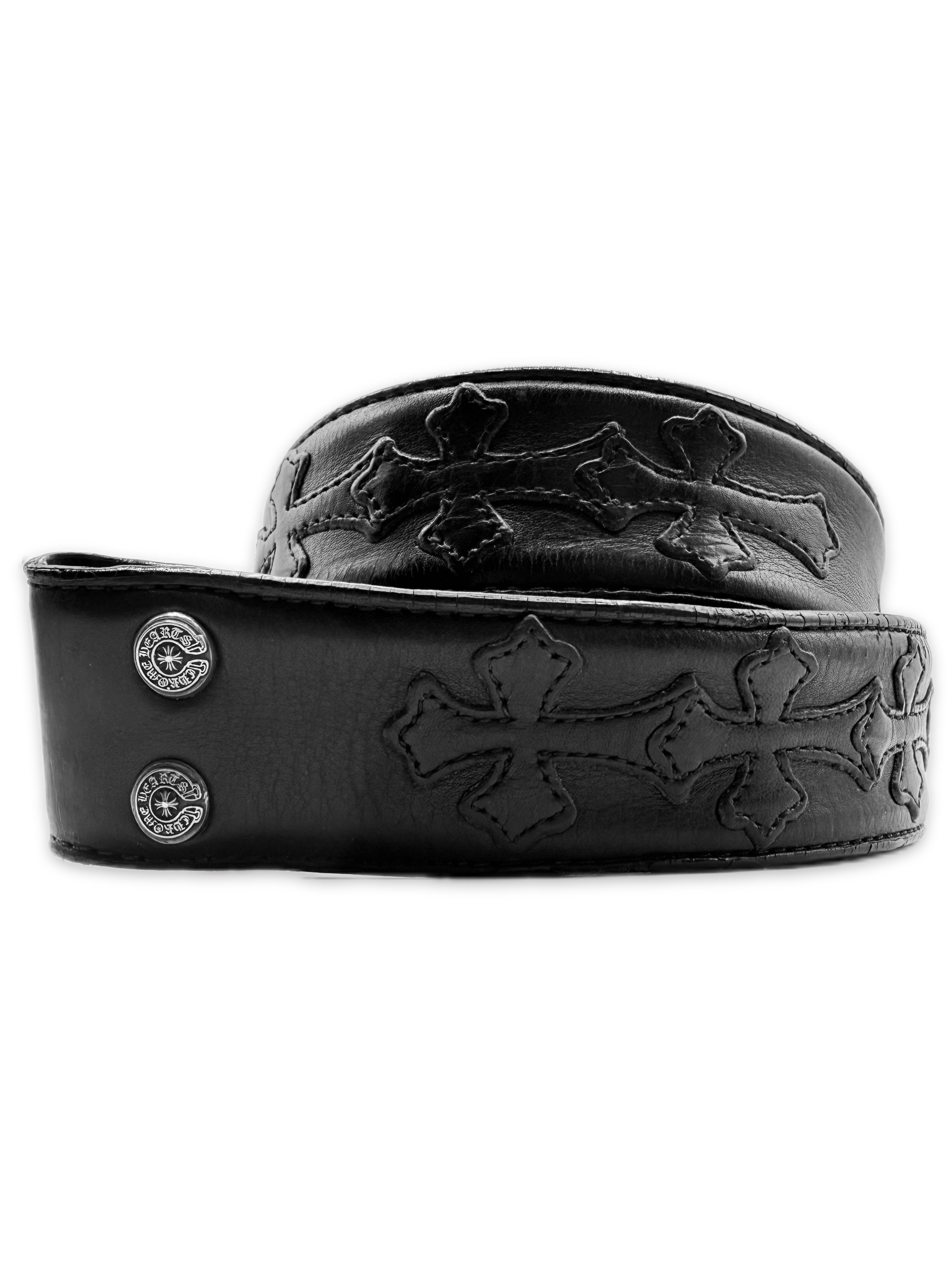 Chrome Hearts Cemetery Cross Patch Flooded Black Leather Belt Strap