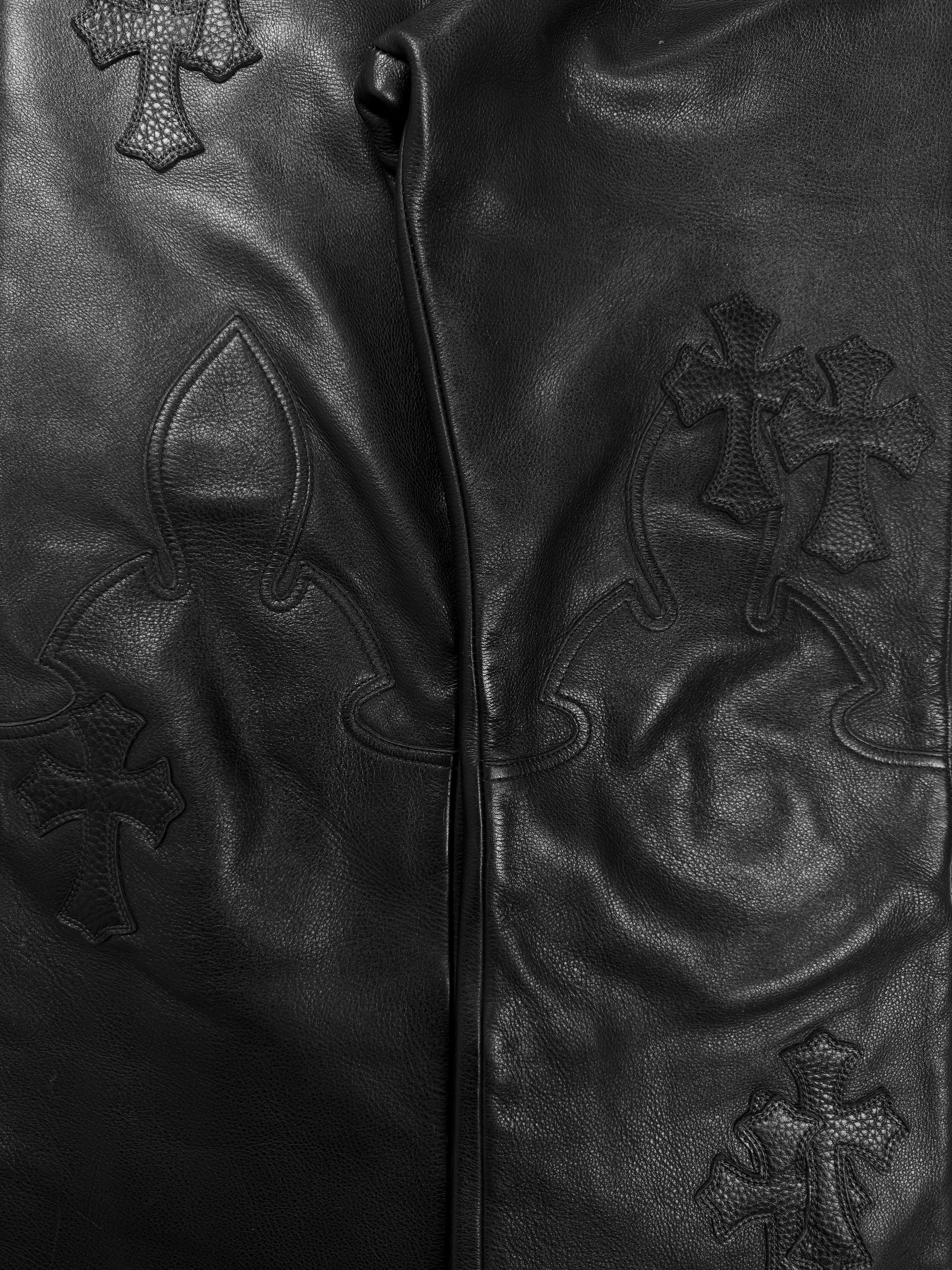 Chrome Hearts Red 20 Cross Patch Fleur Knee Black Leather Pants