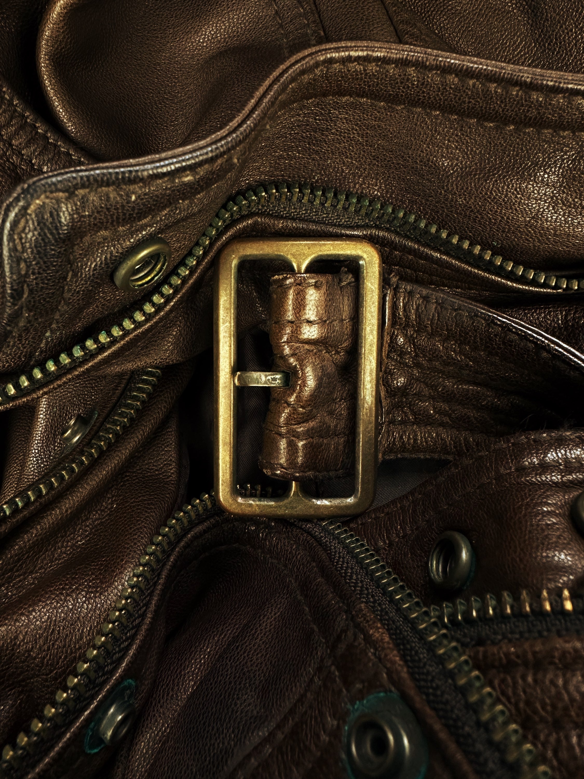 00s Tete Homme Brown Leather Belted Biker Jacket