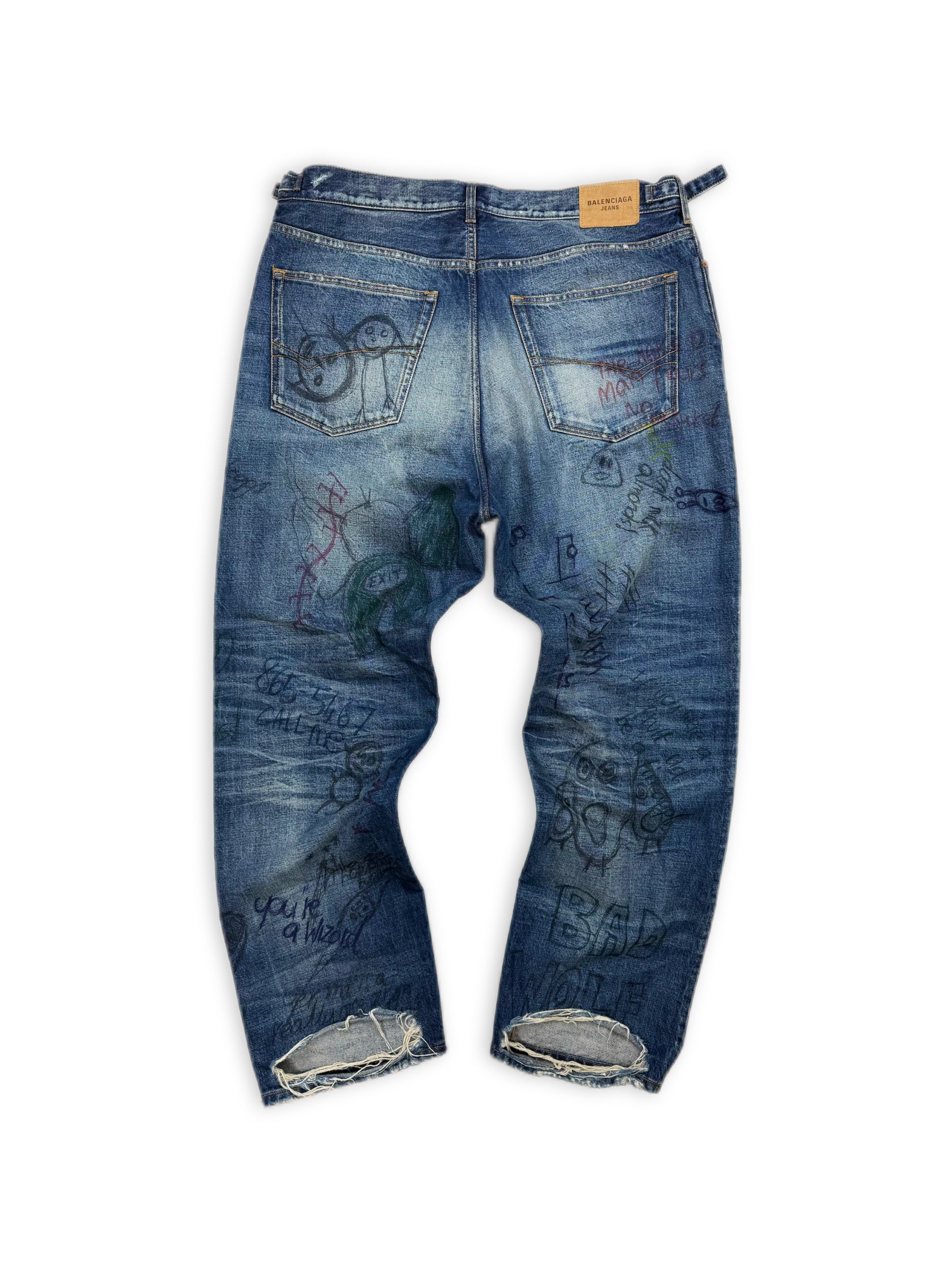AW22 Balenciaga ‘Scribble’ Graffiti Dark Wash Distressed Denim