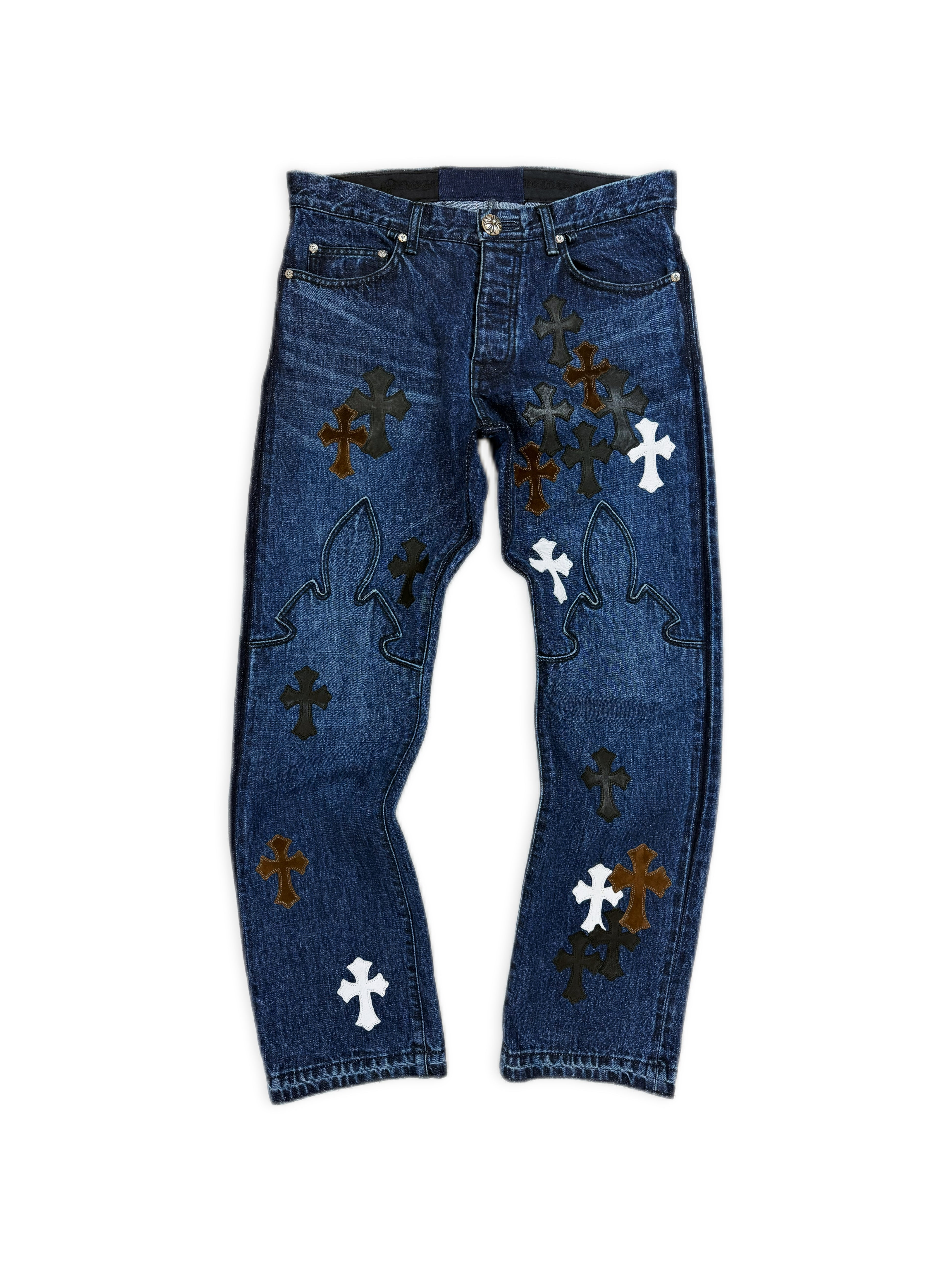 Chrome Hearts 35 Cross Patch Blue Fleur Knee .925 Silver Jeans