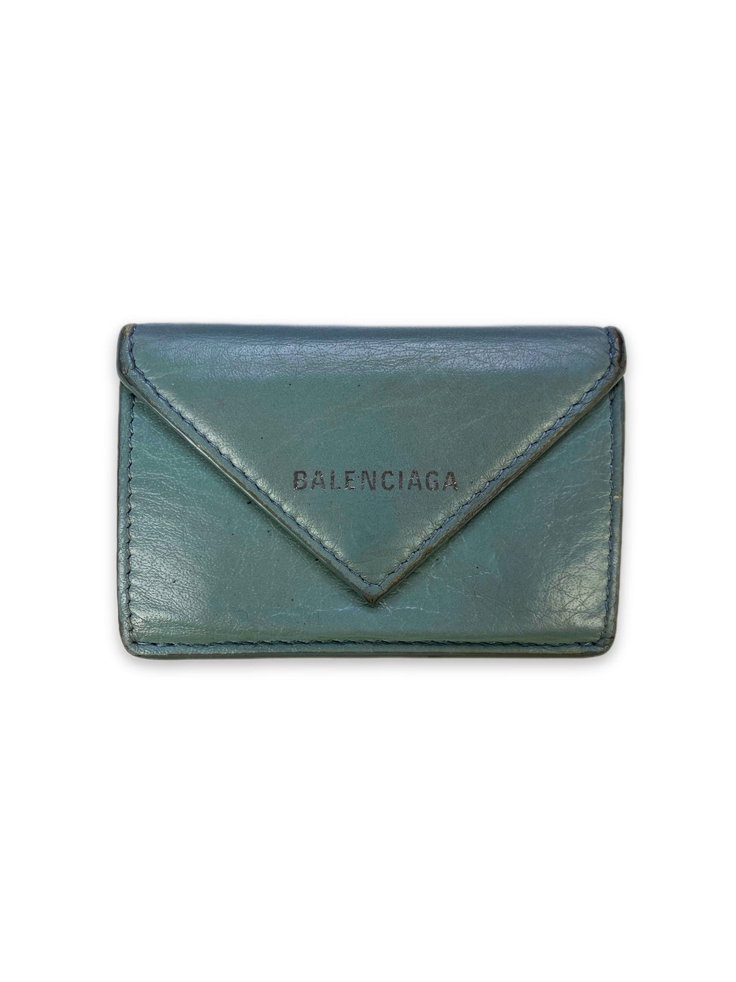 Balenciaga Tuqoise Trifold Leather Spellout Logo Wallet