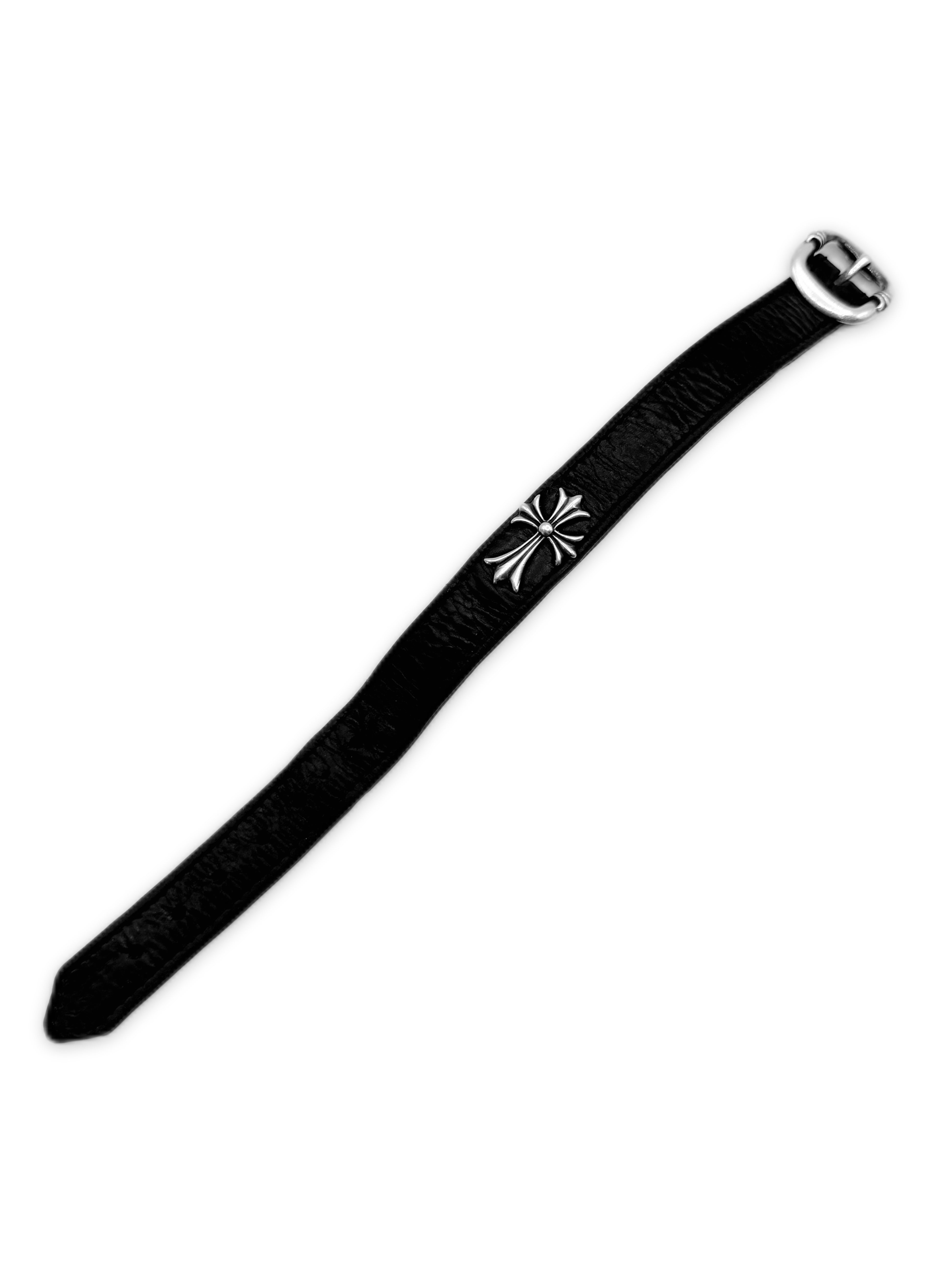 Chrome Hearts Cross Pendant Gunslinger Buckle .925 Silver Leather Bracelet