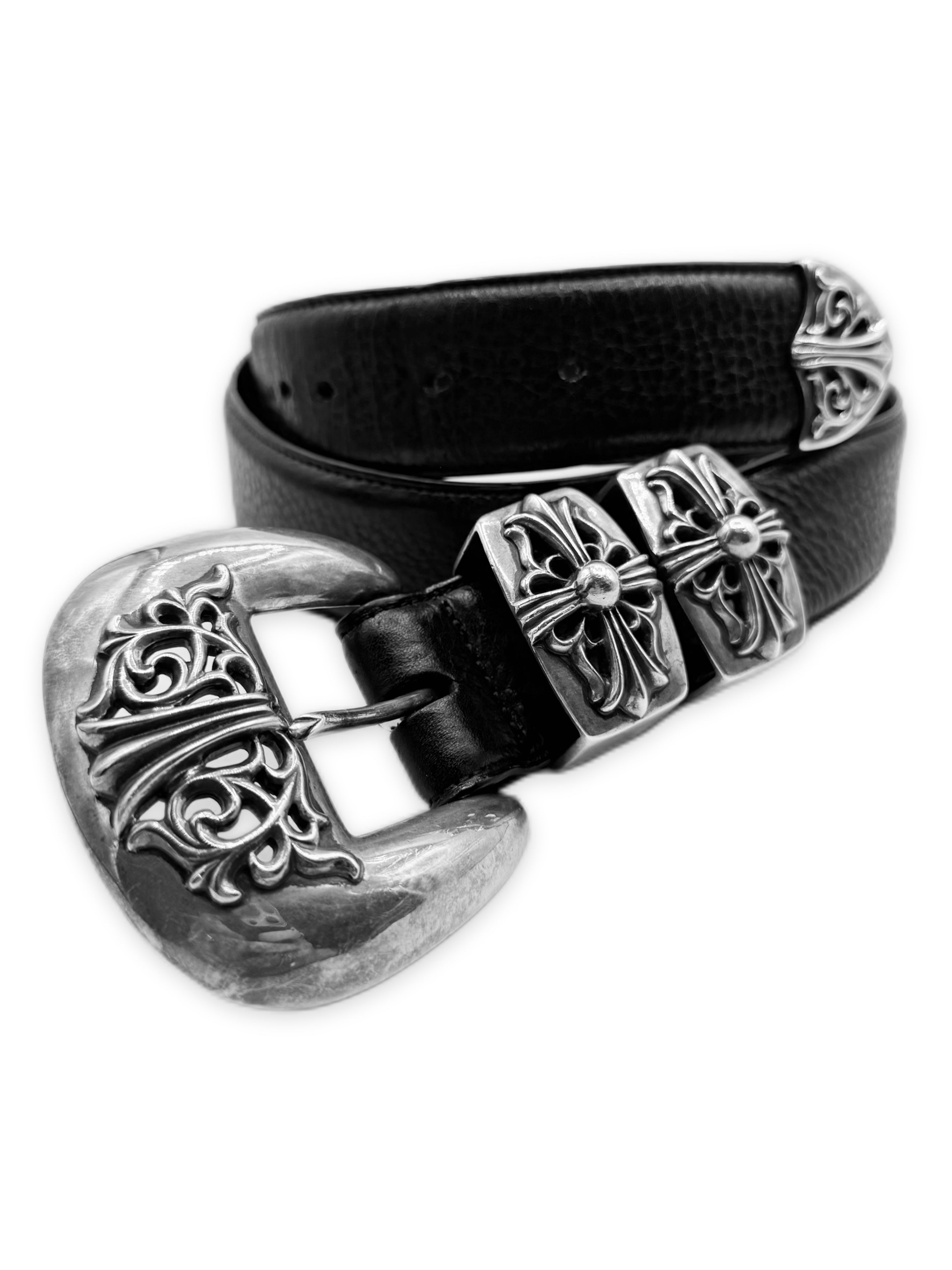 Chrome Hearts 4-Piece Western .925 Silver Black Leather Belt