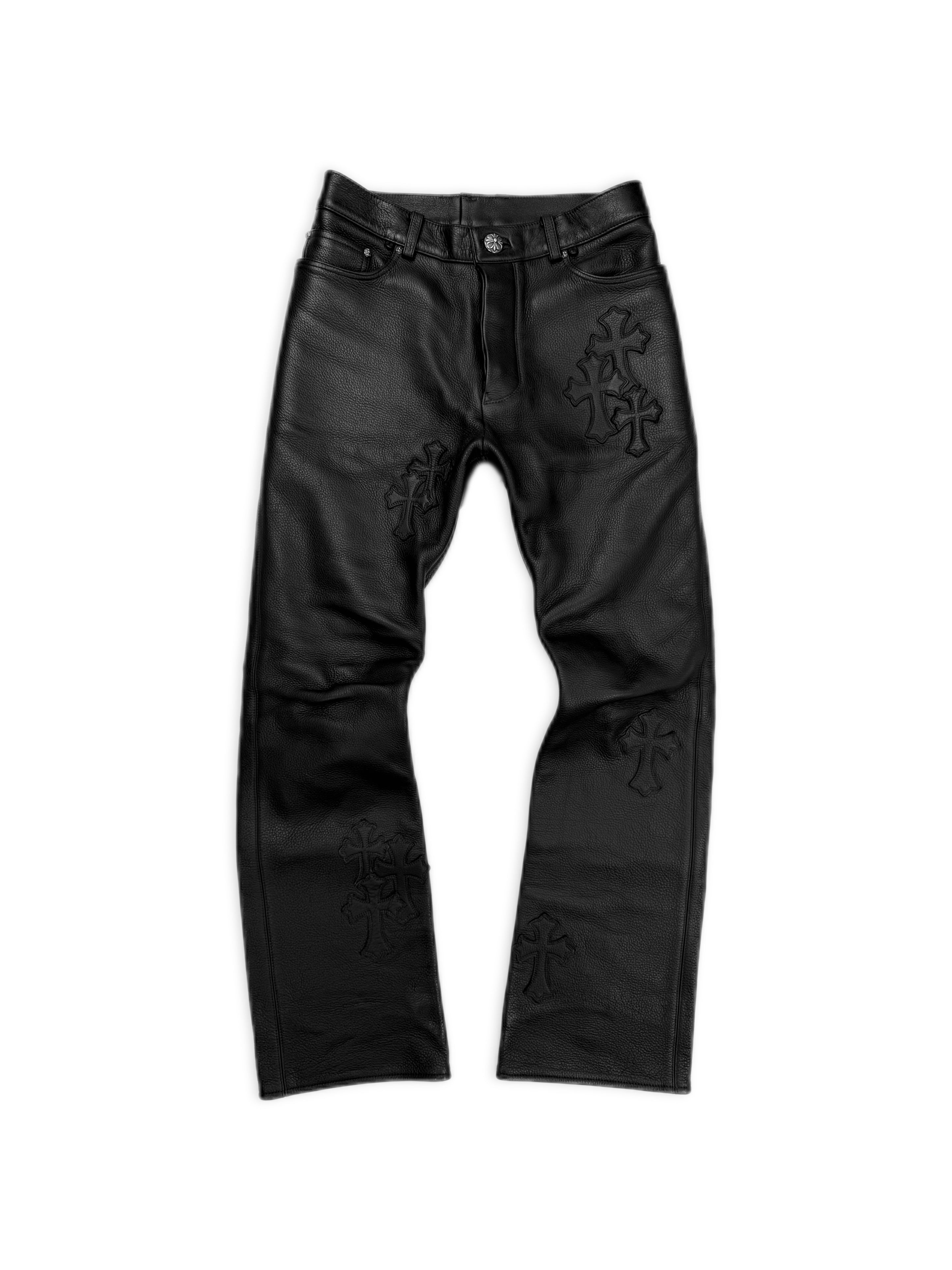 Chrome Hearts 20 Cross Patch Black Leather Heavy Weight .925 Silver Pants